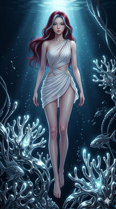 score_9, masterpiece, best quality, ultra-detailed, high-budget anime keyframe, Korean woman. low angle full-body shot filling the entire 9:16 frame with her statuesque presence, stretching the vertical silhouette. diving through a bionic fluid mercu