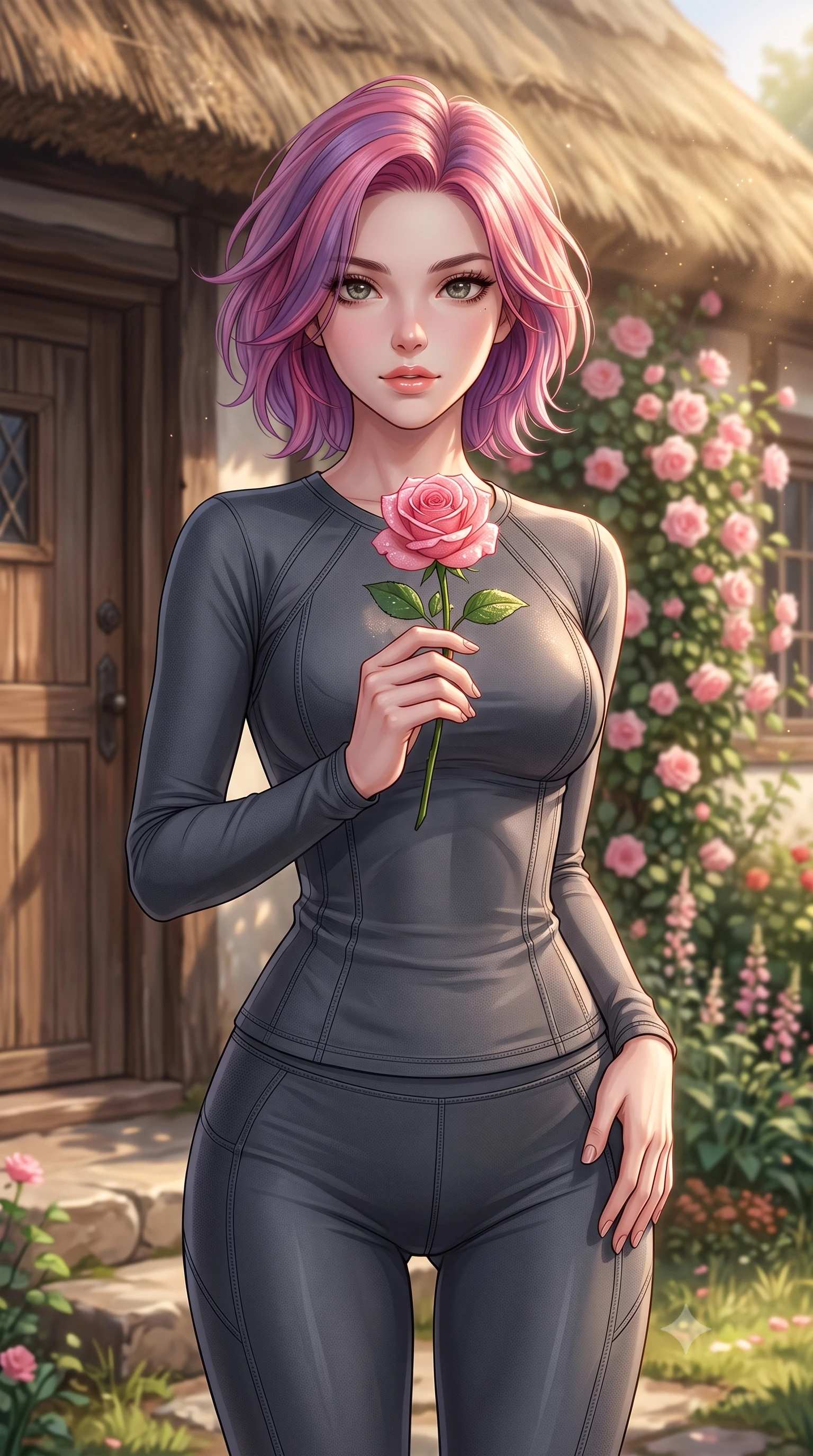 score_9, masterpiece, best quality, ultra-detailed, high-budget anime keyframe, editorial fashion photography, tasteful artistic composition, Caucasian woman woman. close-up cowboy shot from the waist and thighs up, the character dominates the composition, filling the frame with her large presence, background elements kept in soft focus. gazing directly at the viewer with a calm and welcoming expression, holding a fresh flower the background shows a soft-focus the front porch of a charming thatched-roof cottage covered in climbing pink roses. She has an exceptionally elegant, slender, and willowy female figure with an ultra-slim waist, a gracefully sculpted slender torso, and a refined silhouette. sharp v-shaped jawline, high-bridge nose, intricate jewel-like eyes with depth, thick eyelashes, glossy lips with a natural sheen. wearing a tailored form-fitting activewear top and leggings set in charcoal grey, tracing her athletic frame. warm morning sunbeams highlighting the rustic wooden door and flowers. 2k, ultra detail, master piece, 9:16 ratio