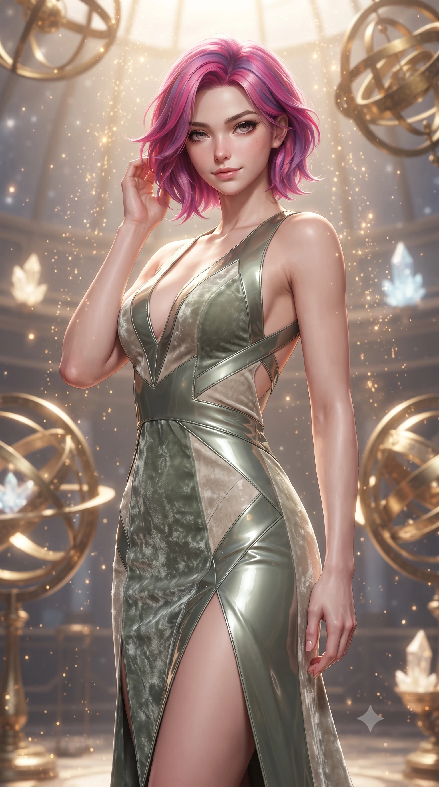 score_9, masterpiece, best quality, ultra-detailed, high-budget anime keyframe, editorial fashion photography, tasteful artistic composition, Caucasian woman. close-up cowboy shot from the waist and thighs up, the character dominates the composition, filling the frame with her large presence, background elements kept in soft focus. Smiling with quiet, magnetic self-assurance directly into the lens surrounded by floating armillary spheres and glowing starlight crystals, starlight particles falling like a golden shower around her. She has an exceptionally elegant, slender, and willowy female figure with an ultra-slim waist, a gracefully sculpted slender torso, and a refined silhouette. sharp v-shaped jawline, high-bridge nose, intricate jewel-like eyes with depth, thick eyelashes, glossy lips with a natural sheen. wearing a backless crushed velvet gown with a deep V-neckline and high thigh slit in sage green and oatmeal, tailored from high-gloss patent leather, complemented by criss-cross back straps highlighting her bare shoulders, the tailored fabric tightly following every curve of her athletic build. surrounded by a glowing aura of starlight and shimmering celestial rays. ultra-reflective glossy finish, specular highlights, metallic sheen, high-contrast stereoscopic depth, volumetric dynamic lighting, 2k, ultra detail, master piece, 9:16 ratio