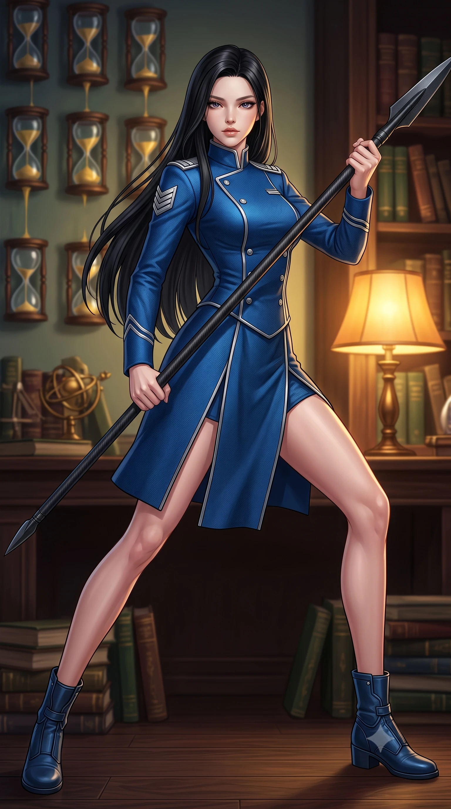 score_9, masterpiece, best quality, ultra-detailed, high-budget anime keyframe, editorial fashion photography, tasteful artistic composition, Korean woman. low angle full-body shot from head to toe showing her feet, filling the entire 9:16 vertical frame with her statuesque presence, stretching her vertical silhouette. standing in a dynamic combat stance with a carbon-fiber spear held diagonally, stretching her statuesque body, the background shows a soft-focus a private study where hourglasses drip upward against the laws of gravity. She has an absolutely perfect, statuesque 8.5-heads proportion, an exceptionally tall and slender model-like female figure with impossibly long slender legs and an ultra-slim waist. sharp v-shaped jawline, high-bridge nose, intricate jewel-like eyes with depth, thick eyelashes, glossy lips with a natural sheen. wearing a tailored modern high-collar space marine dress uniform in deep blue wool, featuring structured silver shoulder ranks. low-key single table lamp casting warm concentrated golden light over her profile. highly saturated vibrant anime colors, detailed shading with soft gradients, rich glossy textures, high-contrast stereoscopic depth, volumetric dynamic lighting, master piece, 9:16 ratio