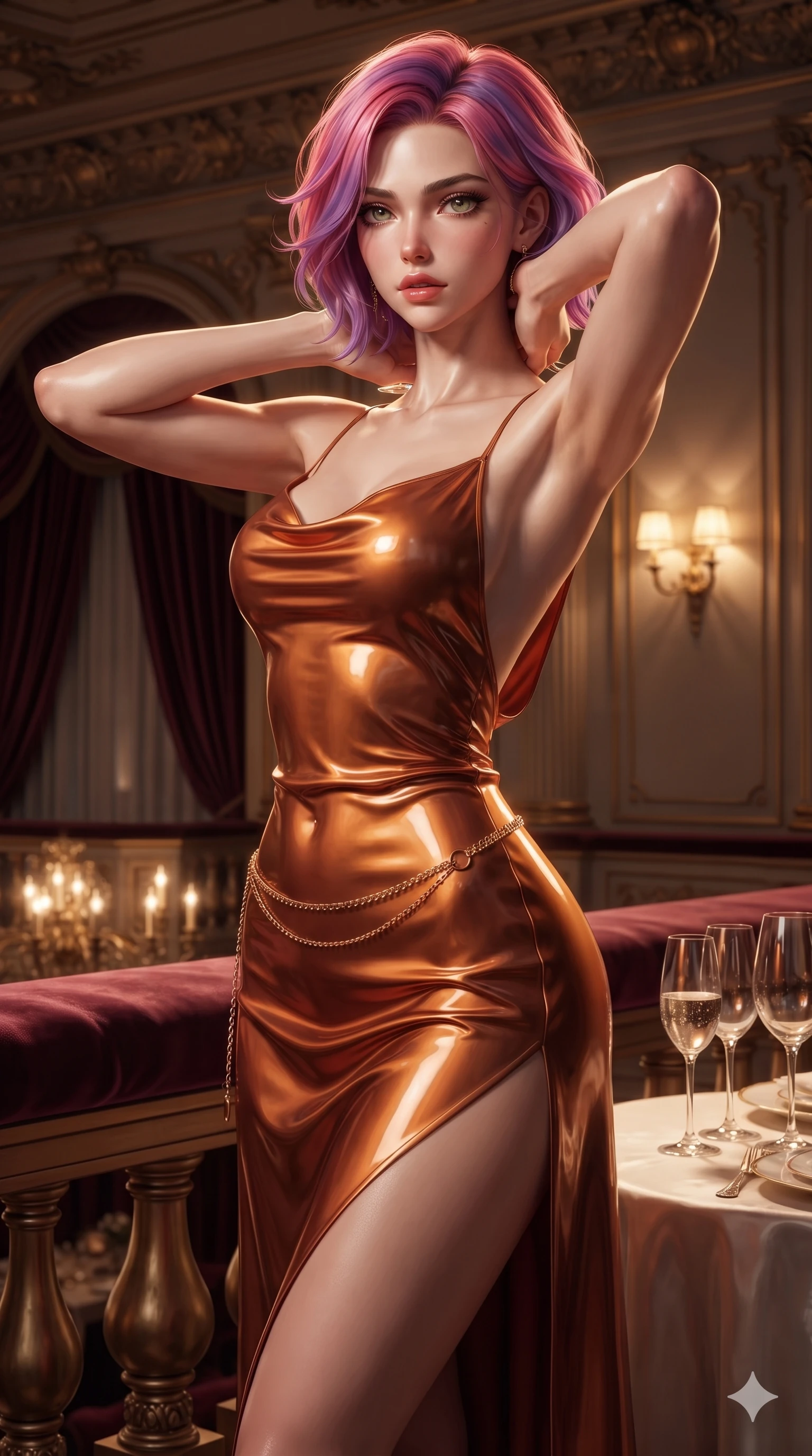 score_9, masterpiece, best quality, ultra-detailed, high-budget anime keyframe, editorial fashion photography, tasteful artistic composition, Caucasian woman. close-up cowboy shot from the waist and thighs up, the character dominates the composition, filling the frame with her large presence. resting both hands lightly behind her neck with elbows raised, arching her spine to highlight her narrow waist, flat midriff, and breathtaking collarbones while standing poised on the velvet-carpeted loge, arching her lower back to accentuate her curvy hips while holding a chilled champagne flute. The surrounding environment is rendered in vivid detail and crisp panoramic clarity: sharp carved acanthus leaf balcony molding, heavy velvet drape weave, and crisp crystal stemware reflections in deep focus. She has an exceptionally elegant, slender, and willowy female figure with an ultra-slim waist, flat toned midriff, narrow ribcage, and sculpted feminine hips creating an alluring, slim hourglass silhouette without bulk. sharp v-shaped jawline, high-bridge nose, intricate jewel-like eyes with depth, thick eyelashes, glossy parted lips with a natural sheen, intensely captivating and seductive bedroom-eyes expression, flawlessly proportioned anatomical accuracy, strict slender model proportions, natural body alignment, perfectly sculpted long slender limbs, ultra-slim waistline, clean dynamic posture without body distortion. wearing a form-contouring gossamer silk chiffon slip dress with a hip-high slit and open cowl back clinging with dewy moisture in rich copper bronze and warm amber, tailored from high-gloss patent leather with mirror-like specular highlights, accented with a delicate gold chain belt resting loosely on her curvy hips, the bespoke structured tailoring following the natural line of her 8.5-heads silhouette with refined elegance. bathed in dramatic moody rim lighting from the grand hall below contrasted with intimate warm balcony sconce light. ultra-reflective glossy finish, specular highlights, rich textural contrasts, high-contrast stereoscopic depth, volumetric dynamic lighting, 2k, ultra detail, master piece, 9:16 ratio