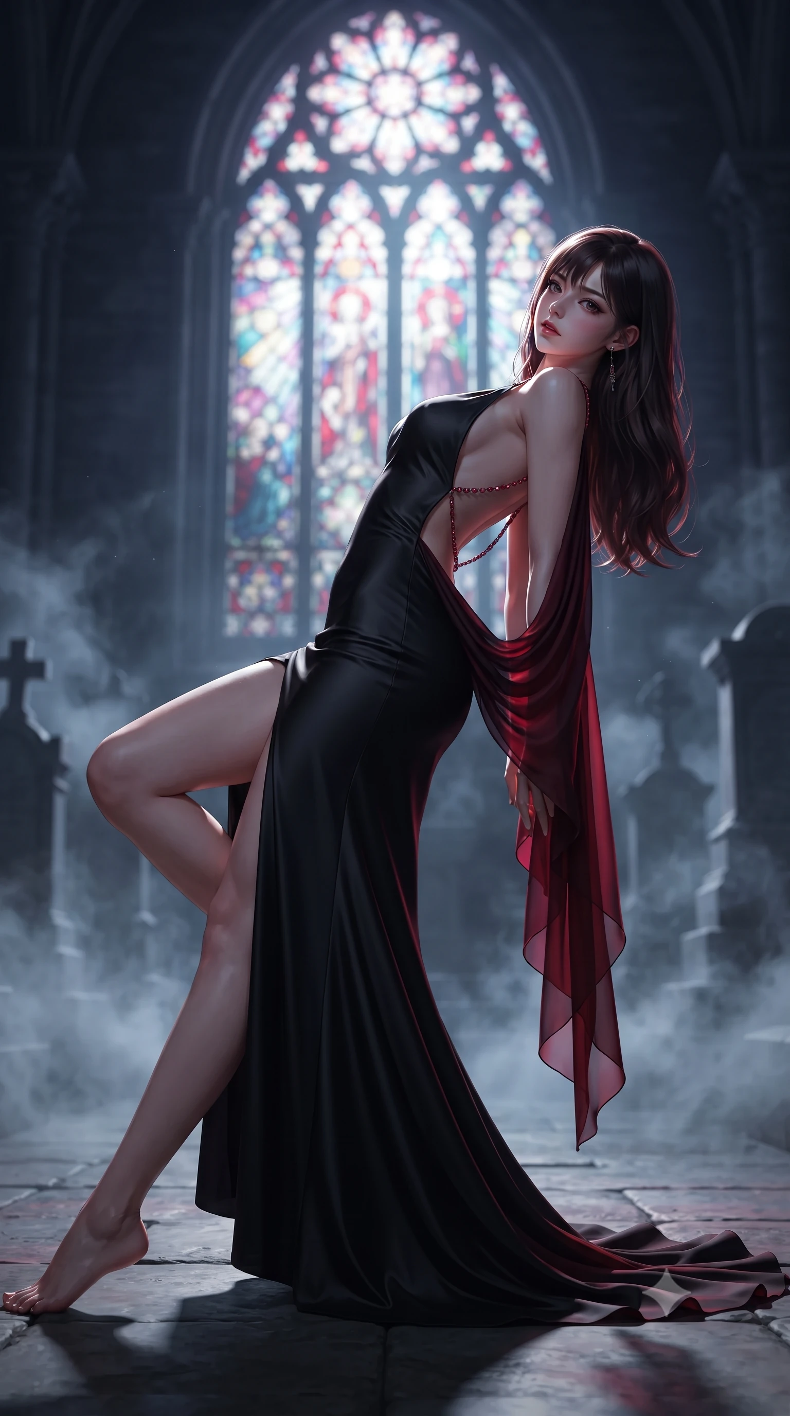 score_9, masterpiece, best quality, ultra-detailed, high-budget anime keyframe, editorial fashion photography, tasteful artistic composition, Korean woman. low angle full-body shot from head to toe showing her feet, filling the entire 9:16 vertical frame with her statuesque presence, stretching her vertical silhouette. reclining back languidly with one knee bent and spine arched in a breathtaking dancer line, commanding the entire 9:16 vertical frame while arching her back in an alluring dance-like pause as moonlight pours through a colossal rose stained-glass window. The composition keeps background elements in soft focus with creamy bokeh. swirling night mist and distant cemetery monuments softened in cinematic shallow focus. She has an absolutely perfect, statuesque 8.5-heads proportion, an exceptionally tall and slender model-like female figure with impossibly long slender legs, a toned flat midriff, and an ultra-slim waist. sharp v-shaped jawline, high-bridge nose, intricate jewel-like eyes with depth, thick eyelashes, glossy parted lips with a natural sheen, intensely captivating and seductive expression, flawlessly proportioned anatomical accuracy, strict slender model proportions, natural body alignment, perfectly sculpted long slender limbs, ultra-slim waistline, clean dynamic posture without body distortion. wearing a liquid black silk jersey slip gown descending to the waistline in a deep draped cowl back in midnight obsidian black and blood crimson, woven from layered gossamer chiffon with a weightless sweeping drape, accented with a glittering ruby back chain tracing her bare spine, the precision-cut daring openings accentuating her delicate midriff, graceful bare collarbones, and ultra-slim feminine waistline. bathed in surreal blood-red lunar eclipse backlighting and cool silver ambient fill. ultra-reflective glossy finish, specular highlights, rich textural contrasts, high-contrast stereoscopic depth, volumetric dynamic lighting, 2k, ultra detail, master piece, 9:16 ratio