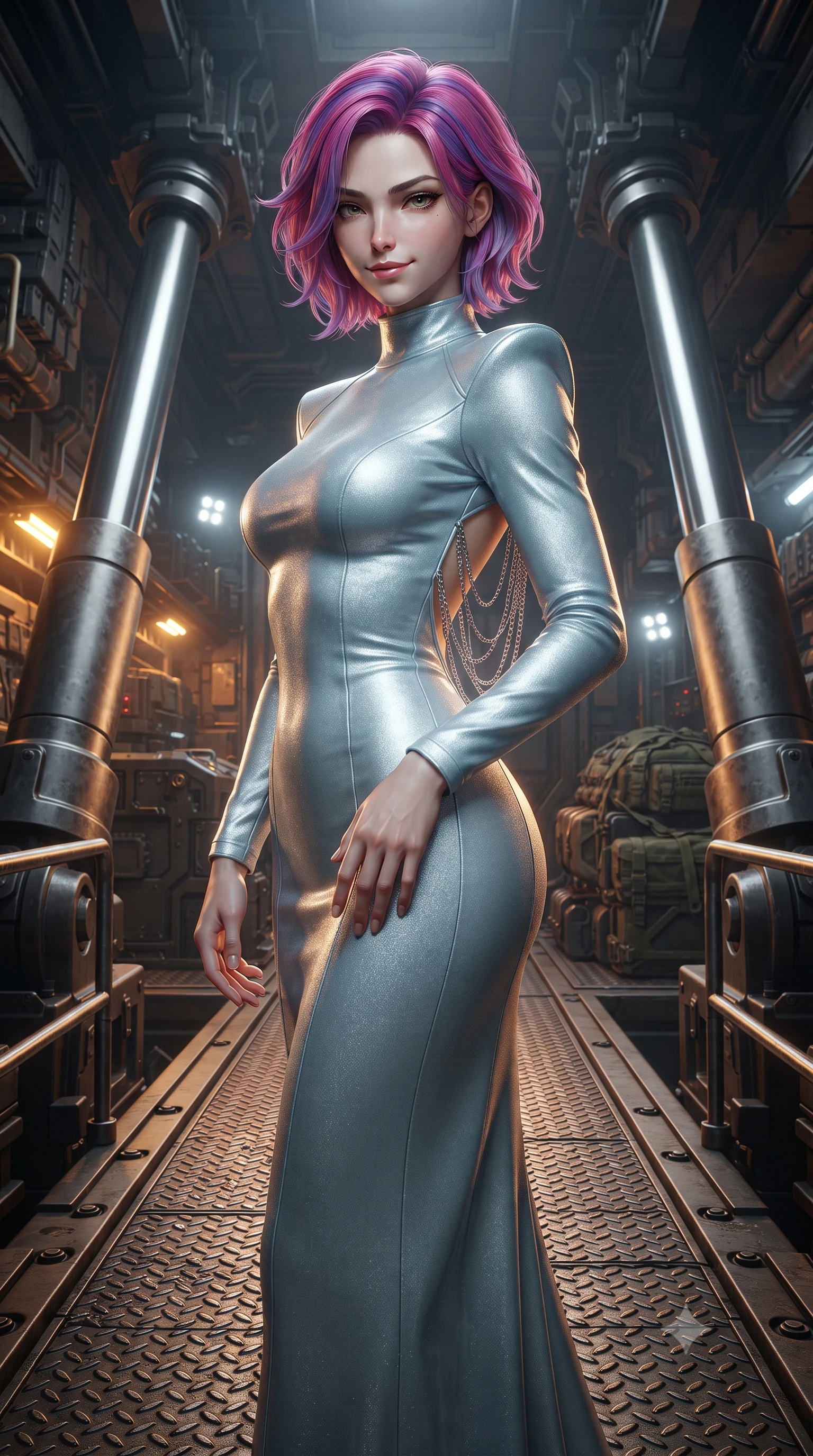 score_9, masterpiece, best quality, ultra-detailed, high-budget anime keyframe, editorial fashion photography, tasteful artistic composition, Caucasian woman. close-up cowboy shot from the waist and thighs up, the character dominates the composition, filling the frame with her large presence. tilting her head with a teasing half-smile, running one hand slowly down the side of her hip in a flirtatious S-curve as ambient light caresses her silhouette while standing poised on the industrial diamond-tread blast ramp between colossal hydraulic recoil pistons, arching her lower back with commanding warrior presence. The surrounding environment is rendered in vivid detail and crisp panoramic clarity: detailed tactical coat texture, combat webbing accents, and monumental subterranean fortress engineering in high resolution. She has an exceptionally elegant, slender, and willowy female figure with an ultra-slim waist, flat toned midriff, narrow ribcage, and sculpted feminine hips creating an alluring, slim hourglass silhouette without bulk. sharp v-shaped jawline, high-bridge nose, intricate jewel-like sparkling eyes with depth, thick eyelashes, glossy parted lips with a natural peach sheen, bright cheerful beaming smile with an enchanting and coquettish sensual glint, exuding both youthful cute charm and seductive allure, flawlessly proportioned anatomical accuracy, strict slender model proportions, natural body alignment, perfectly sculpted long slender limbs, ultra-slim waistline, clean dynamic posture without body distortion. wearing a body-hugging liquid mercury jersey combat gown with high mock neck and structured shoulder pads clinging flawlessly to her silhouette in arctic cryo-glacier ice blue and platinum white, tailored from high-density tech-wool with subtle metallic thread weave, accented with an open-back drape framed by falling strands of delicate chrome chains, the impeccably tailored cut draping gracefully along her slender figure with aristocratic poise. bathed in high-contrast industrial amber hazard lighting combined with cool white work floodlights. ultra-reflective glossy finish, specular highlights, rich textural contrasts, high-contrast stereoscopic depth, volumetric dynamic lighting, 2k, ultra detail, master piece, 9:16 ratio