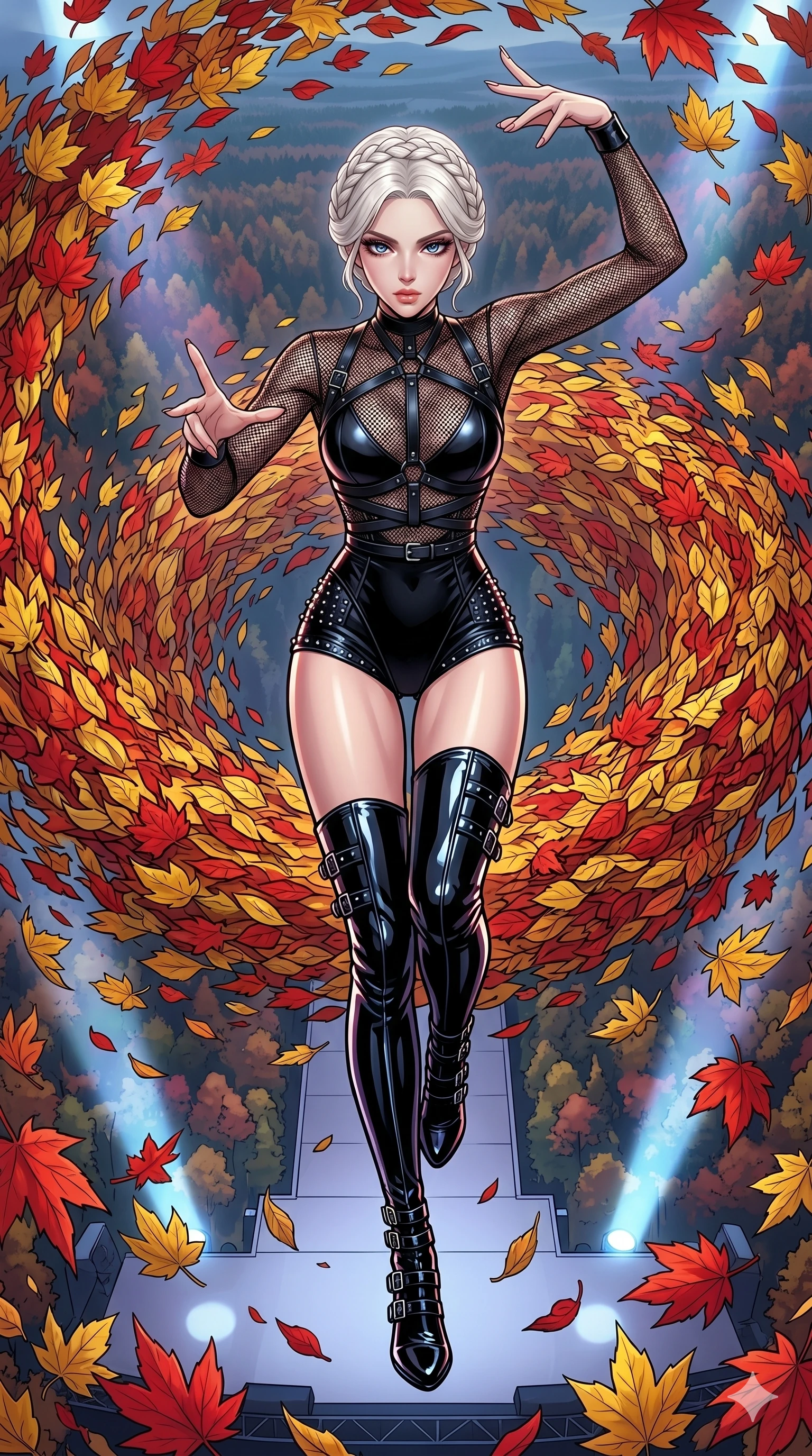 score_9, masterpiece, best quality, ultra-detailed, high-budget anime movie keyframe, cinematic anime lighting, intricate line art, Japanese woman. Extreme high angle shot as she leaps towards the camera, filling the frame. commanding a vortex of swirling autumn leaves to protect her. She has an absolutely perfect 8-heads proportion, an exceptionally tall and slender female figure with an ultra-slim waist and impossibly long slender legs. strictly human anatomy, two legs only, no extra limbs, clearly defined legs and arms, perfect anatomy, perfect hands and fingers. sharp v-shaped jawline, high-bridge nose, intricate jewel-like eyes, thick eyelashes, glossy lips. Wearing K-Idol Stage: Leather harness over mesh, high-cut bodysuit, studded micro-shorts, and thigh-high patent boots. The scene is illuminated by dramatic atmospheric lighting and vibrant color palettes. , 2k, ultra detail, master piece, 9:16 ratio