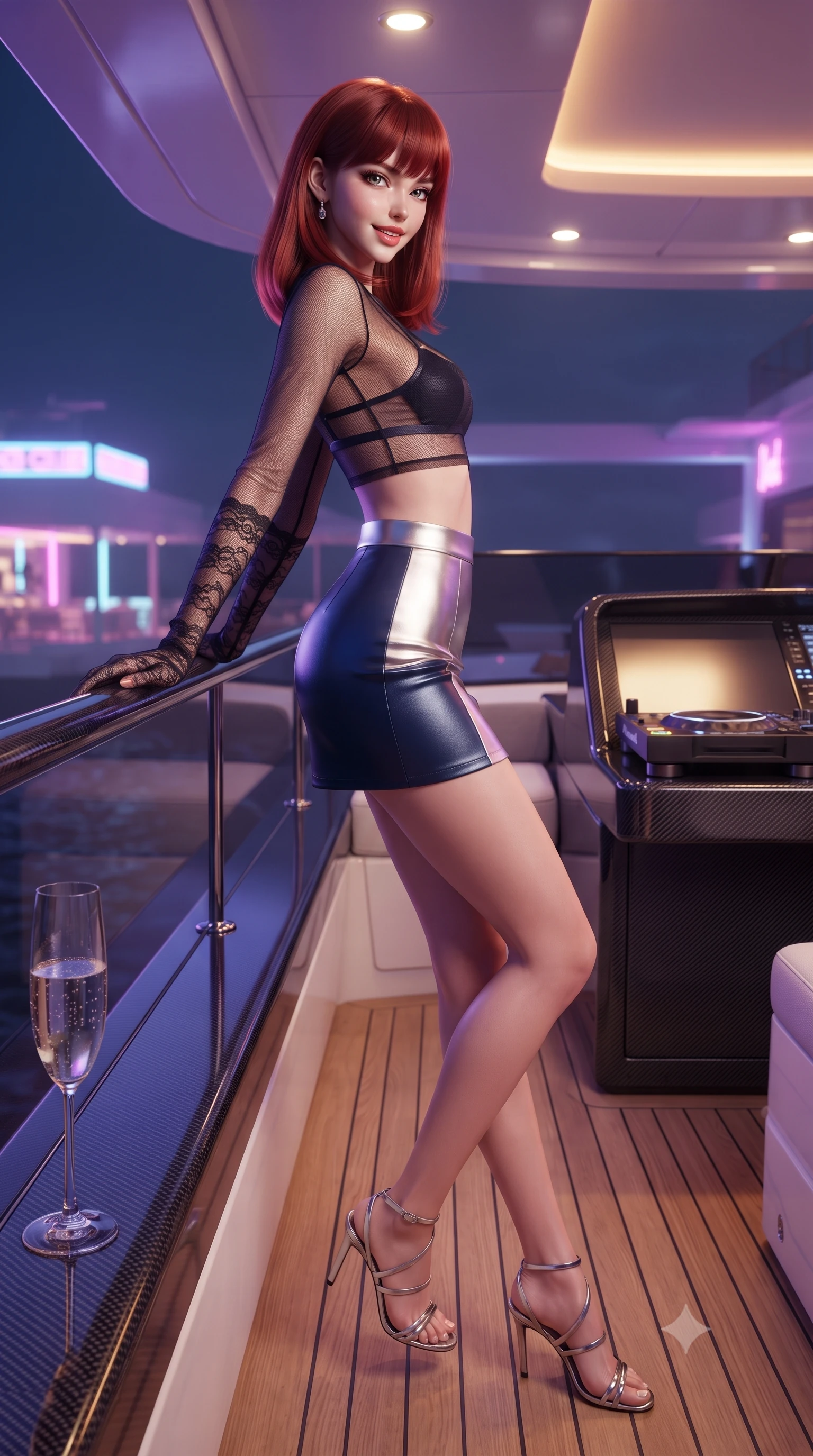 score_9, masterpiece, best quality, ultra-detailed, high-budget anime keyframe, editorial fashion photography, tasteful artistic composition, Caucasian woman. low angle full-body shot from head to toe showing her feet, filling the entire 9:16 vertical frame with her statuesque presence, stretching her vertical silhouette. leaning deep against the balcony balustrade with hips cocked back in an unapologetically alluring high-fashion stance, casting an intoxicating glance while standing poised on the open bridge deck beside the DJ console, arching her back with high-octane Balearic party queen glamour. The surrounding environment is rendered in vivid detail and crisp panoramic clarity: sharp acrylic windscreen bevels, carbon-fiber bridge console weave, and champagne flute bubble clarity in deep focus. She has an absolutely perfect, statuesque 8.5-heads proportion, an exceptionally tall and slender model-like female figure with impossibly long slender legs, an ultra-slim waist, a flat toned midriff, narrow delicate ribcage, and beautifully sculpted feminine hips creating a graceful, slim hourglass silhouette without any bulky heaviness. sharp v-shaped jawline, high-bridge nose, sparkling eyes with hypnotic seductive depth, thick curled eyelashes, glossy parted lips with a natural dewy peach sheen, alluring bedroom-eyes with an enchanting coquettish smile, exuding magnetic siren charisma and sophisticated glamour, flawlessly proportioned anatomical accuracy, strict slender model proportions, natural body alignment, perfectly sculpted long slender limbs, ultra-slim waistline, clean dynamic posture without body distortion. wearing a sheer mesh long-sleeve crop top over an opaque strappy micro-bralette and a sleek leatherette mini skirt in molten liquid silver and deep sapphire navy, tailored from fine structural neoprene with crisp architectural edges and smooth contouring, complemented by sheer opera-length lace evening gloves tracing her slender arms, the liquid-tight tailored fabric clinging flawlessly to her narrow waist and rounded feminine hips, emphasizing every millimeter of her sculpted slim hourglass curves without any bulky heaviness. bathed in stylish ultraviolet and amber yacht deck mood lighting mixed with distant beach club neon fill. ultra-reflective glossy finish, specular highlights, rich textural contrasts, high-contrast stereoscopic depth, volumetric dynamic lighting, 2k, ultra detail, master piece, 9:16 ratio