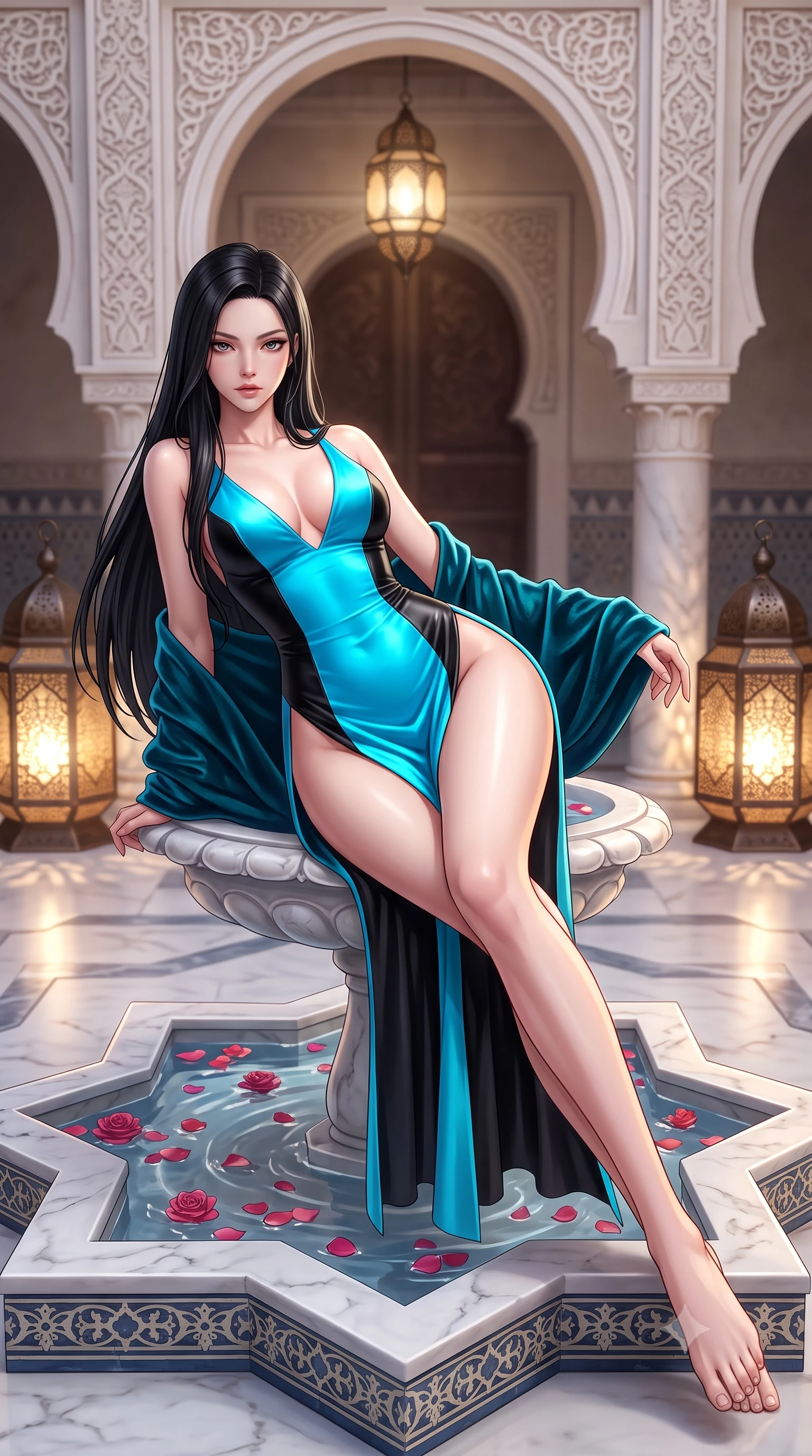 score_9, masterpiece, best quality, ultra-detailed, high-budget anime keyframe, semi-realistic 3D game render, editorial fashion photography, tasteful artistic composition, Korean woman. low angle full-body shot from head to toe showing her feet, filling the entire 9:16 vertical frame with her statuesque presence, stretching her vertical silhouette. reclining on her side in an elegant Cleopatra pose with one knee drawn up, the dramatic contour of her rounded hips and long slender legs commanding the 9:16 vertical frame while sitting on the edge of the central star-shaped marble fountain filled with floating rose petals, arching her lower back as dappled lantern light traces her curves. The composition keeps background elements in soft focus with creamy bokeh. horseshoe arches and carved plaster arabesques softened in exotic Moroccan shallow focus. She has an exceptionally tall and slender model-like 8.5-heads proportion, an ultra-slim waist, a flat toned midriff, narrow delicate ribcage, and beautifully sculpted feminine hips creating a graceful, slim hourglass silhouette without any bulky heaviness, with impossibly long slender legs. sharp v-shaped jawline, high-bridge nose, intricate jewel-like eyes with depth, thick eyelashes, glossy parted lips with a natural sheen, intensely captivating and seductive bedroom-eyes expression, flawlessly proportioned anatomical accuracy, strict slender model proportions, natural body alignment, perfectly sculpted long slender limbs, ultra-slim waistline, clean dynamic posture without body distortion. wearing a plunging-V neckline duchess satin gown with high side slits ascending to the high hip in neon electric cyan and lacquer black, formed from supple second-skin lambskin leather with specular sheen, complemented by a plush velvet shawl draped loosely over her elbows, the second-skin form-contouring cut accentuating her sculpted flat midriff, narrow delicate ribcage, and gracefully curvy hips with supermodel precision. illuminated by soft ambient courtyard lanterns accentuating her sculpted collarbones, narrow waist, and curvy hips. highly saturated vibrant anime colors, detailed shading with soft gradients, rich glossy textures, high-contrast stereoscopic depth, volumetric dynamic lighting, master piece, 9:16 ratio