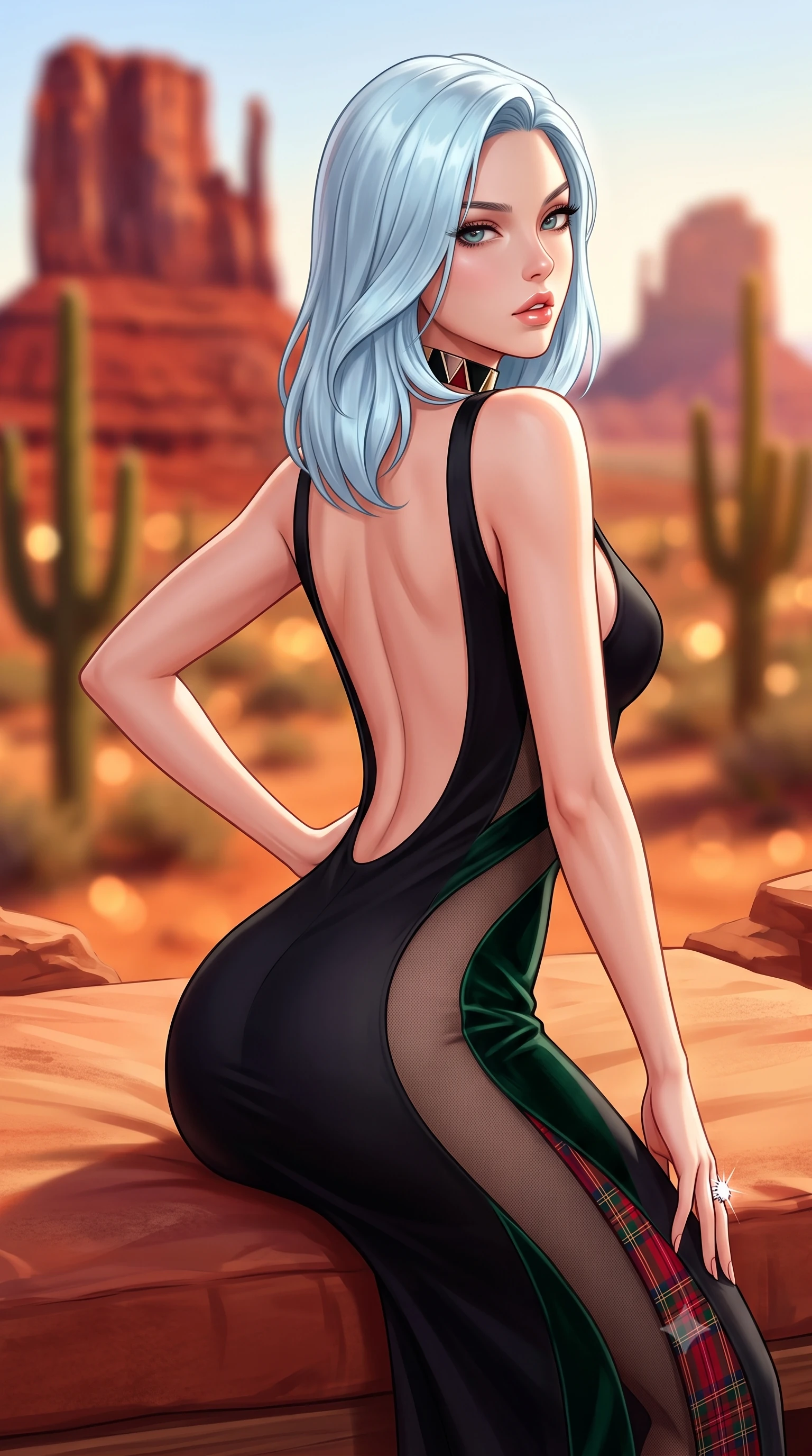 score_9, masterpiece, best quality, ultra-detailed, high-budget anime keyframe, semi-realistic 3D game render, editorial fashion photography, tasteful artistic composition, Korean woman. close-up cowboy shot from the waist and thighs up, the character dominates the composition, filling the frame with her large presence. posing in an alluring rear three-quarter angle, arching her lower back in a pronounced S-curve with one hand on her hip, glancing seductively over her bare shoulder with parted glossy lips while reclining on a sun-warmed red rock terrace daybed propped on one elbow, arching her lower back to accentuate her curvy hips against the canyon panorama. The composition keeps background elements in soft focus with creamy bokeh. monumental crimson sandstone buttes and saguaro cactus silhouettes blurred into glowing terracotta, burnt orange, and desert-gold bokeh. She has an exceptionally elegant, slender, and willowy female figure with an ultra-slim waist, flat toned midriff, narrow ribcage, and sculpted feminine hips creating an alluring, slim hourglass silhouette without bulk. sharp v-shaped jawline, high-bridge nose, intricate jewel-like eyes with depth, thick eyelashes, glossy parted lips with a natural sheen, intensely captivating and seductive bedroom-eyes expression, flawlessly proportioned anatomical accuracy, strict slender model proportions, natural body alignment, perfectly sculpted long slender limbs, ultra-slim waistline, clean dynamic posture without body distortion. wearing a second-skin black silk jersey maxi dress with asymmetrical sheer mesh side panels tracing the full curve of her hip in deep emerald green velvet and royal tartan crimson, tailored from water-resistant treated wool gabardine and flexible stretch silk, complemented by a bold geometric choker and sparkling cocktail ring, the dramatically scooped open back descending to the base of her spine, accentuating her razor-sharp statuesque lines and slim hourglass silhouette. surrounded by an earthy, sacred, and deeply sensual desert goddess aura. highly saturated vibrant anime colors, detailed shading with soft gradients, rich glossy textures, high-contrast stereoscopic depth, volumetric dynamic lighting, master piece, 9:16 ratio