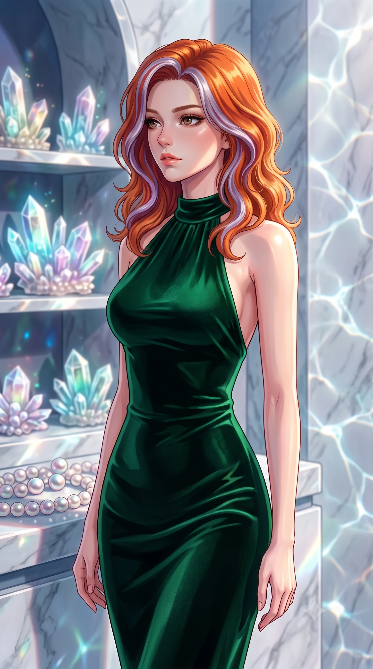 score_9, masterpiece, best quality, ultra-detailed, high-budget anime keyframe, editorial fashion photography, tasteful artistic composition, Caucasian woman. close-up cowboy shot from the waist and thighs up, the character dominates the composition, filling the frame with her large presence, background elements kept in soft focus. Gazing past the camera with an air of effortless elegance and mysterious confidence standing beside a pearl archive sanctuary filled with glowing sea crystals, shimmering water reflections dancing dynamically across the marble walls. She has an exceptionally elegant, slender, and willowy female figure with an ultra-slim waist, a gracefully sculpted slender torso, and a refined silhouette. sharp v-shaped jawline, high-bridge nose, intricate jewel-like eyes with depth, thick eyelashes, glossy lips with a natural sheen. wearing a velvet halter-neck midi dress in deep emerald, following her form like a glove, the glove-like fit emphasizing her statuesque silhouette. lit by clear sun-drenched sea light with soft ethereal shadows. highly saturated vibrant anime colors, detailed shading with soft gradients, rich glossy textures, high-contrast stereoscopic depth, volumetric dynamic lighting, master piece, 9:16 ratio