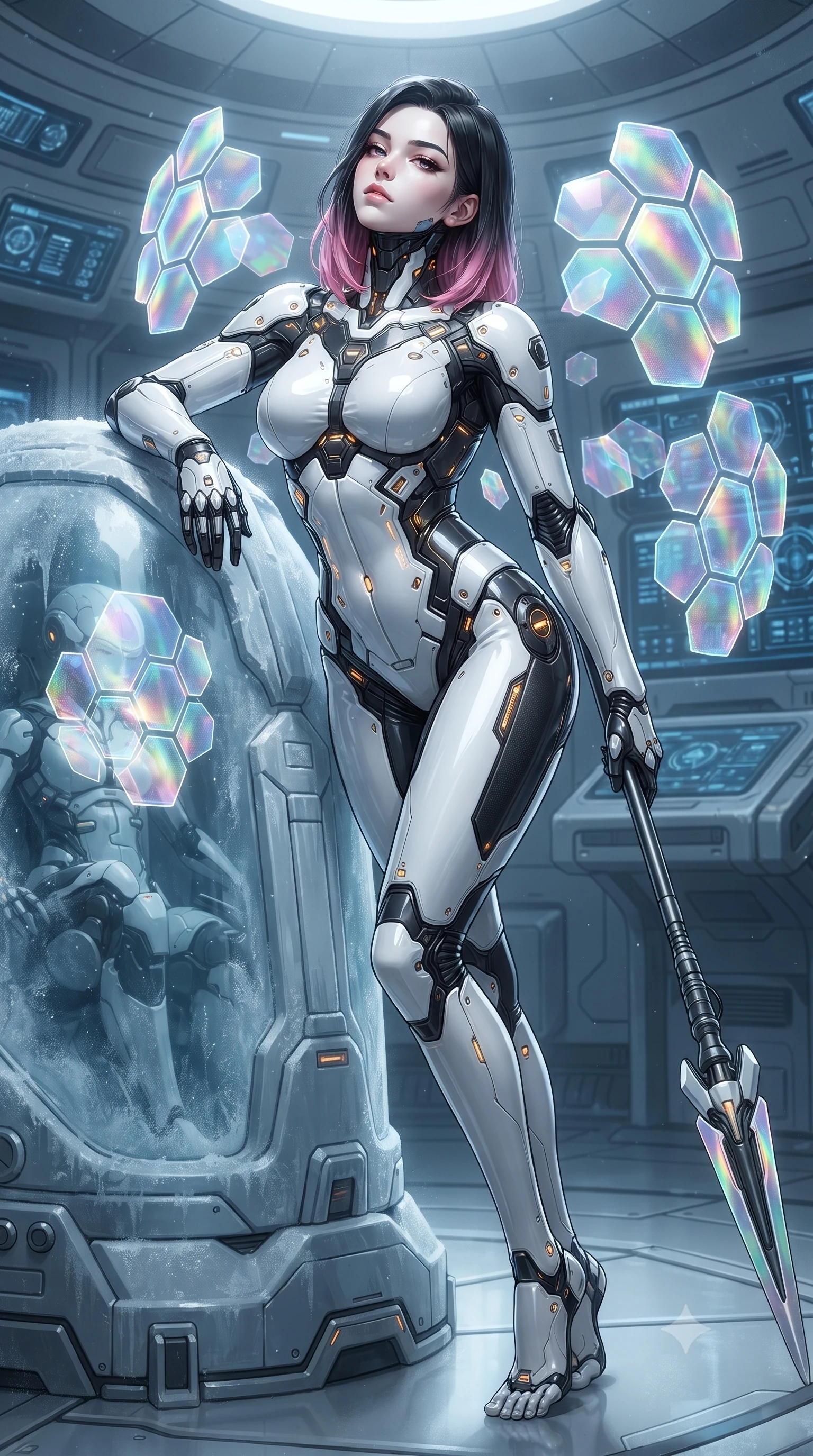 score_9, masterpiece, best quality, ultra-detailed, high-budget anime keyframe, editorial fashion photography, tasteful artistic composition, Korean woman. close-up cowboy shot from the waist and thighs up, the character dominates the composition, filling the frame with her large presence. tilting her head back with serene regal elegance, her sharp jawline and sculpted collarbones highlighted by glowing weapon energy reflections while resting against a frozen stasis pod with the spear grounded, casting a cool, smoldering gaze through ice-crystal mist. The surrounding environment is rendered in vivid detail and crisp panoramic clarity. detailed cryo-pod control interfaces, condensation beads, and carbon suit thermal seams in high resolution. She has an exceptionally elegant, slender, and willowy female figure with an ultra-slim waist, a gracefully sculpted slender torso, toned flat midriff, and a refined slim silhouette. sharp v-shaped jawline, high-bridge nose, intricate jewel-like eyes with depth, thick eyelashes, glossy lips with a natural sheen, flawlessly proportioned anatomical accuracy, strict slender model proportions, natural body alignment, perfectly sculpted long slender limbs, ultra-slim waistline, clean dynamic posture without body distortion. wearing a high-contrast monochrome white-and-black carbon-composite exoskeleton suit with glowing amber circuitry, deploying floating hexagonal holographic energy shields with sovereign grace in high-gloss iridescent rainbow carbon with prism holographic sheen, formed from high-gloss patent carbon-plating with specular chiaroscuro reflections, featuring a sleek aerodynamic collar framed by subtle glowing cybernetic status LEDs, the form-contouring material adhering flawlessly to her sculpted flat midriff and slender torso, emphasizing her long leg lines and perfectly proportioned willowy build. surrounded by a cool, lethal, and breathtakingly alluring frost-goddess special-operative aura. ultra-reflective glossy finish, specular highlights, dark metallic sheen, high-contrast stereoscopic depth, volumetric dynamic lighting, 2k, ultra detail, master piece, 9:16 ratio