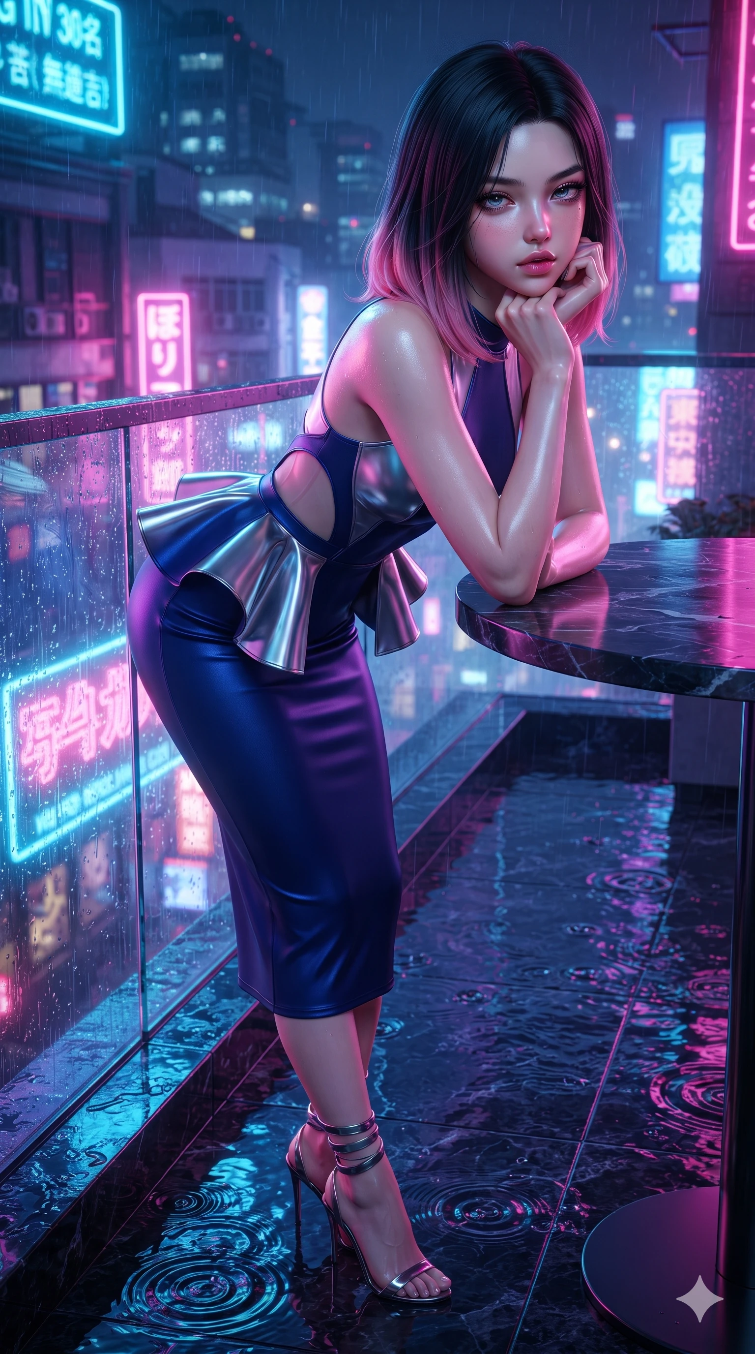 score_9, masterpiece, best quality, ultra-detailed, high-budget anime keyframe, editorial fashion photography, tasteful artistic composition, Korean woman. close-up cowboy shot from the waist and thighs up, the character dominates the composition, filling the frame with her large presence. resting one elbow on the table and supporting her chin, leaning close to the camera with heavy-lidded sparkling eyes and parted lips while standing tall and poised against the wet glass railing, arching her lower back with sovereign supermodel grace as rain mist catches the neon glow. The surrounding environment is rendered in vivid detail and crisp panoramic clarity: sharp water puddle reflection ripples on black granite tiles, crisp raindrop speculars on glass, and neon tube glass details in deep focus. She has an exceptionally elegant, slender, and willowy female figure with an ultra-slim waist, flat toned midriff, narrow ribcage, and sculpted feminine hips creating an alluring, slim hourglass silhouette without bulk. sharp v-shaped jawline, high-bridge nose, intricate jewel-like sparkling eyes with depth, thick eyelashes, glossy parted lips with a natural sheen, intensely captivating and seductive bedroom-eyes expression, exuding both youthful cute charm and sovereign luxury allure, flawlessly proportioned anatomical accuracy, strict slender model proportions, natural body alignment, perfectly sculpted long slender limbs, ultra-slim waistline, clean dynamic posture without body distortion. wearing a structural geometric peplum gown with sheer side-ribbon cutouts and form-fitting skirt in midnight sapphire blue and liquid platinum, made of fluid liquid jersey with seamless sculpting hold and smooth contours, complemented by strappy stiletto sandals with metallic ankle wraps accentuating her slender calves, the glove-like clinging cut tightly following the natural contour of her hips and long slender legs with youthful 8.5-heads elegance. bathed in the intense, high-saturation glow of multi-colored neon signage reflecting off wet surfaces. ultra-reflective glossy finish, specular highlights, rich textural contrasts, high-contrast stereoscopic depth, volumetric dynamic lighting, 2k, ultra detail, master piece, 9:16 ratio