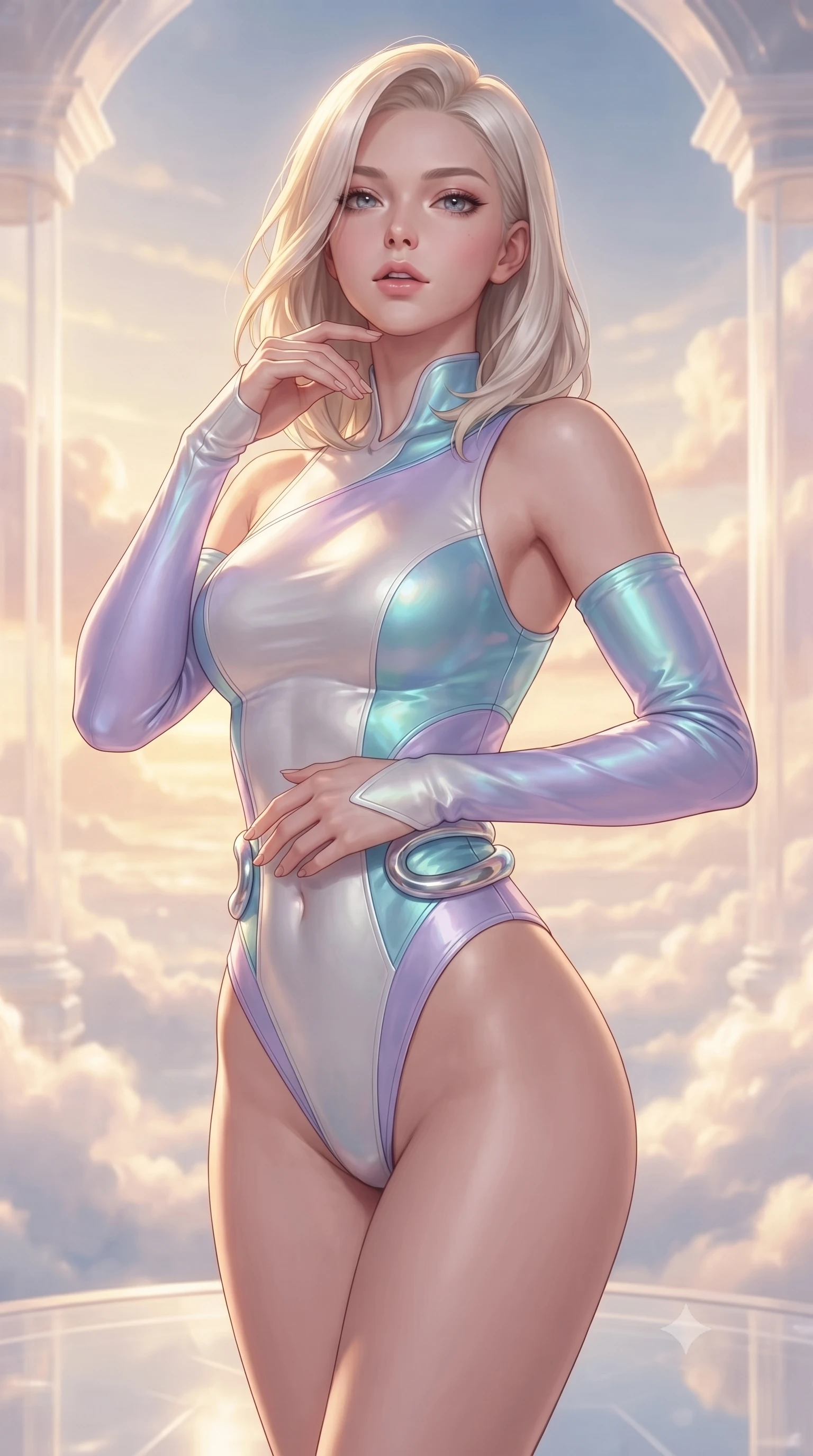 score_9, masterpiece, best quality, ultra-detailed, high-budget anime keyframe, editorial fashion photography, tasteful artistic composition, Caucasian woman. close-up cowboy shot from the waist and thighs up, the character dominates the composition, filling the frame with her large presence, background elements kept in soft focus. Tilting her chin up slightly with lips parted in a composed, magnetic expression, navigating a sky palace built from translucent alabaster and glowing cloud silk, endless atmospheric depth with layered clouds fading into golden distance. She has an exceptionally elegant, slender, and willowy female figure with an ultra-slim waist, a gracefully sculpted slender torso, and a refined silhouette. sharp v-shaped jawline, high-bridge nose, intricate jewel-like eyes with depth, thick eyelashes, glossy lips with a natural sheen. wearing asymmetric high-cut cyber-bodysuit with detached sleeves in pearl white in pastel lavender violet, made of iridescent turquoise taffeta, accented with sculpted opal chrome rings at the waist, contouring every curve with an exceptionally elegant silhouette. bathed in warm golden sunrise beams filtering through soft rose clouds. ultra-reflective glossy finish, specular highlights, metallic sheen, high-contrast stereoscopic depth, volumetric dynamic lighting, 2k, ultra detail, master piece, 9:16 ratio