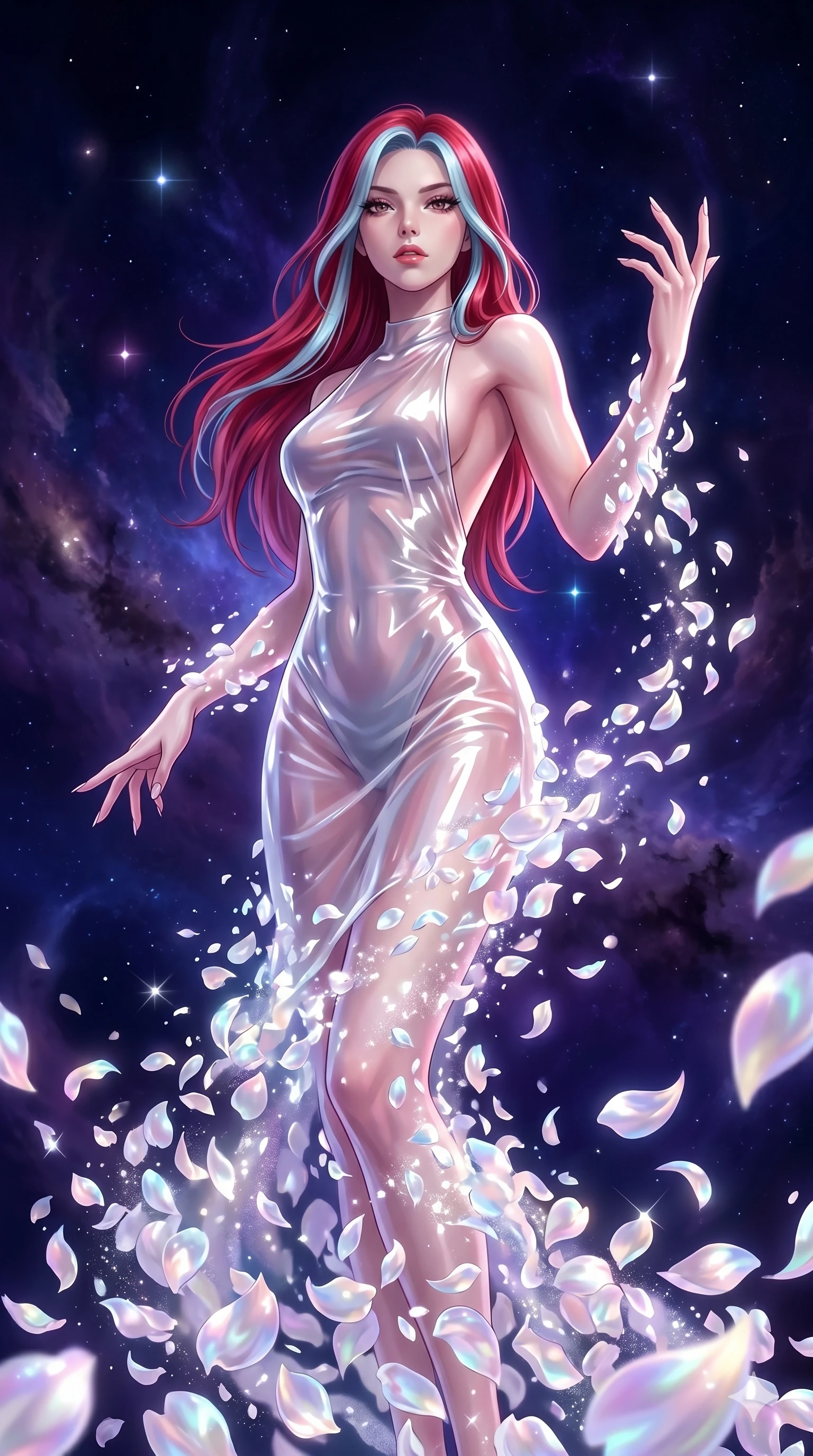 score_9, masterpiece, best quality, ultra-detailed, High-budget Anime Keyframe, East Asian woman. Low angle cowboy shot filling the entire 9:16 frame with her statuesque presence. Scenario 11: Dissolving into a cloud of iridescent silk petals in a void. Her presence is magnetic and overpowering in this high-budget anime scene. Outfit 11: A translucent PVC dangerous with a backless design and wet-look texture. The clothing is designed to emphasize her exceptionally tall and slender 8-heads proportion. 8-heads proportion, towering silhouette, ultra-slim waist. sharp v-shaped jawline, intricate jewel-like eyes with depth, thick eyelashes, glossy lips. 2k, ultra detail, master piece, 9:16 ratio