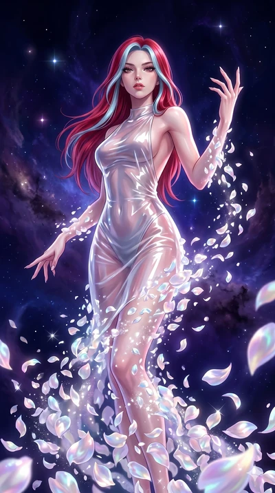 score_9, masterpiece, best quality, ultra-detailed, High-budget Anime Keyframe, East Asian woman. Low angle cowboy shot filling the entire 9:16 frame with her statuesque presence. Scenario 11: Dissolving into a cloud of iridescent silk petals in a vo