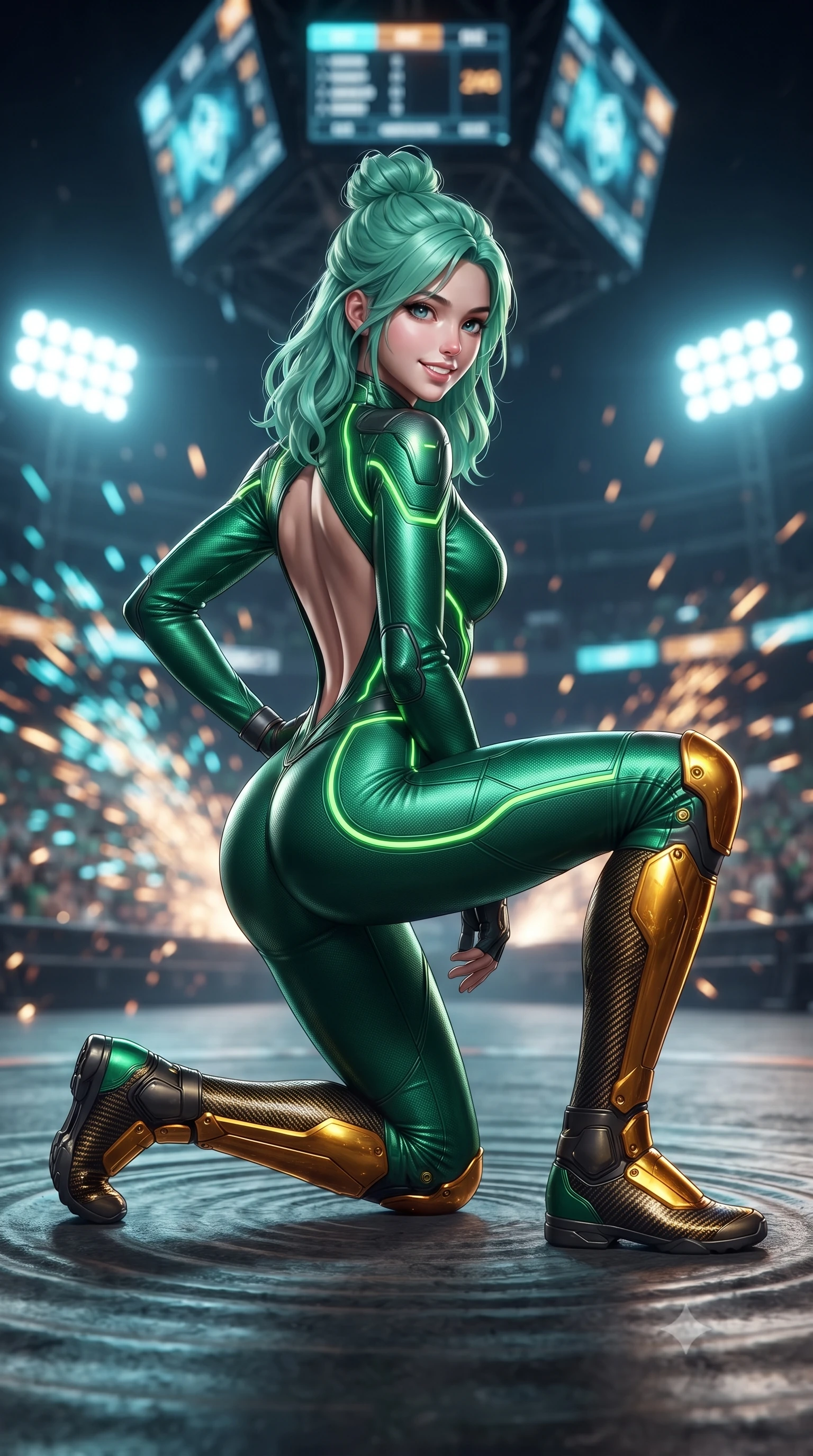 score_9, masterpiece, best quality, ultra-detailed, high-budget anime keyframe, editorial fashion photography, tasteful artistic composition, Japanese woman. low angle full-body shot from head to toe showing her feet, filling the entire 9:16 vertical frame with her statuesque presence, stretching her vertical silhouette. landing gracefully from a high-altitude leap on one knee and palm, her statuesque silhouette framed by radial shockwave ripples in the ground while resting one hand on her hip with a fearless, captivating battle smile as giant holographic arena scoreboards flash overhead. The composition keeps background elements in soft focus with creamy bokeh. massive industrial arena floodlights and streaking motorball sparks blurred into dazzling cyan, amber, and charcoal bokeh. She has an absolutely perfect, statuesque 8.5-heads proportion, an exceptionally tall and slender model-like female figure with impossibly long slender legs, a toned flat midriff, and an ultra-slim waist. sharp v-shaped jawline, high-bridge nose, intricate jewel-like eyes with depth, thick eyelashes, glossy lips with a natural sheen, flawlessly proportioned anatomical accuracy, strict slender model proportions, natural body alignment, perfectly sculpted long slender limbs, ultra-slim waistline, clean dynamic posture without body distortion. wearing a tailored emerald-green carbon-fiber tactical jumpsuit with glowing lime LED channels, open cowl back, and reinforced combat shin-guards in molten amber-gold carbon cuirass with dark titanium weave, crafted from ultra-strong woven carbon-fiber composite with a satin luster, complemented by criss-cross back harness straps highlighting her completely bare spine, the glove-like aerodynamic second-skin fit tightly clinging to her ultra-slender waist and athletic curves without adding bulk, accentuating her razor-sharp statuesque lines and slim hourglass silhouette. illuminated by crisp white key lighting with sharp specular highlights tracing her sculpted athletic curves. ultra-reflective glossy finish, specular highlights, dark metallic sheen, high-contrast stereoscopic depth, volumetric dynamic lighting, 2k, ultra detail, master piece, 9:16 ratio