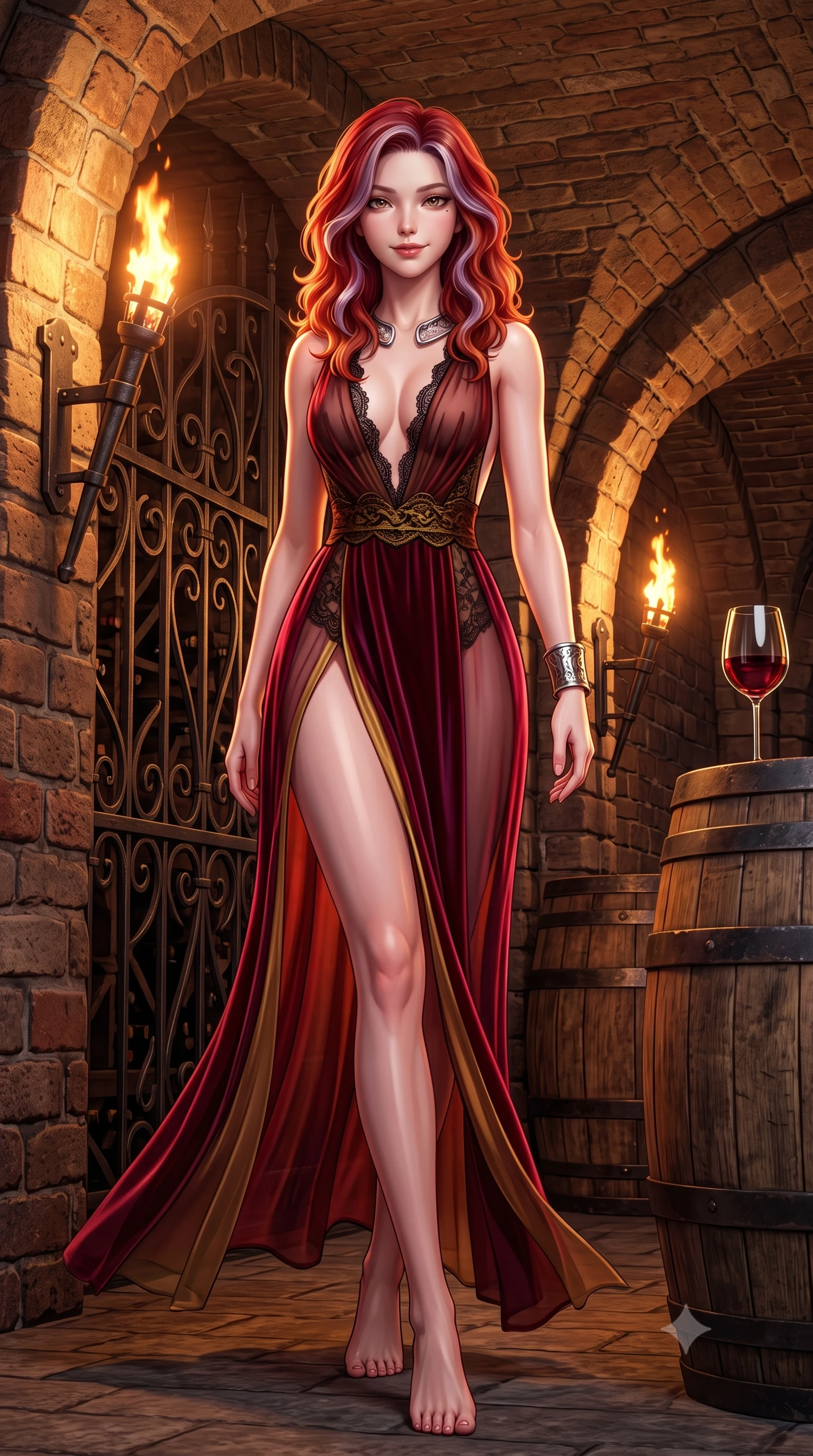 score_9, masterpiece, best quality, ultra-detailed, high-budget anime keyframe, semi-realistic 3D game render, editorial fashion photography, tasteful artistic composition, Caucasian woman. low angle full-body shot from head to toe showing her feet, filling the entire 9:16 vertical frame with her statuesque presence, stretching her vertical silhouette. stepping slowly toward the camera with hypnotic grace, hips swaying in an alluring sensual rhythm that accentuates her curvy hourglass silhouette and long slender legs while twisting her slender torso in an alluring contrapposto pose beside the wrought-iron wine gate, torches casting long shadows across her curves. The surrounding environment is rendered in vivid detail and crisp panoramic clarity: sharp ancient brick vaulting texture, iron hoop bands on weathered oak barrels, and wine glass refraction clarity in deep focus. She has an absolutely perfect, statuesque 8.5-heads proportion, an exceptionally tall and slender model-like female figure with impossibly long slender legs, an ultra-slim waist, a flat toned midriff, narrow delicate ribcage, and beautifully sculpted feminine hips creating a graceful, slim hourglass silhouette without any bulky heaviness. sharp v-shaped jawline, high-bridge nose, sparkling eyes with hypnotic seductive depth, thick curled eyelashes, glossy parted lips with a natural dewy peach sheen, alluring bedroom-eyes with an enchanting coquettish smile, exuding magnetic siren charisma and sophisticated glamour, flawlessly proportioned anatomical accuracy, strict slender model proportions, natural body alignment, perfectly sculpted long slender limbs, ultra-slim waistline, clean dynamic posture without body distortion. wearing a deep V-neck sheer gossamer chiffon vampire dress with an open-back scoop and dramatic flowing side leg slit in smoldering bordeaux wine and liquid gold with black chantilly lace, tailored from ultra-plush velvet with rich tactile depth and deep shadow gradients, finished with a sculptural silver torque collar and a matching wide architectural wrist cuff, the liquid-tight tailored fabric clinging flawlessly to her narrow waist and rounded feminine hips, emphasizing every millimeter of her sculpted slim hourglass curves without any bulky heaviness. bathed in warm flickering firelight from iron wall torches mounted in stone brackets. highly saturated vibrant anime colors, detailed shading with soft gradients, rich glossy textures, high-contrast stereoscopic depth, volumetric dynamic lighting, master piece, 9:16 ratio