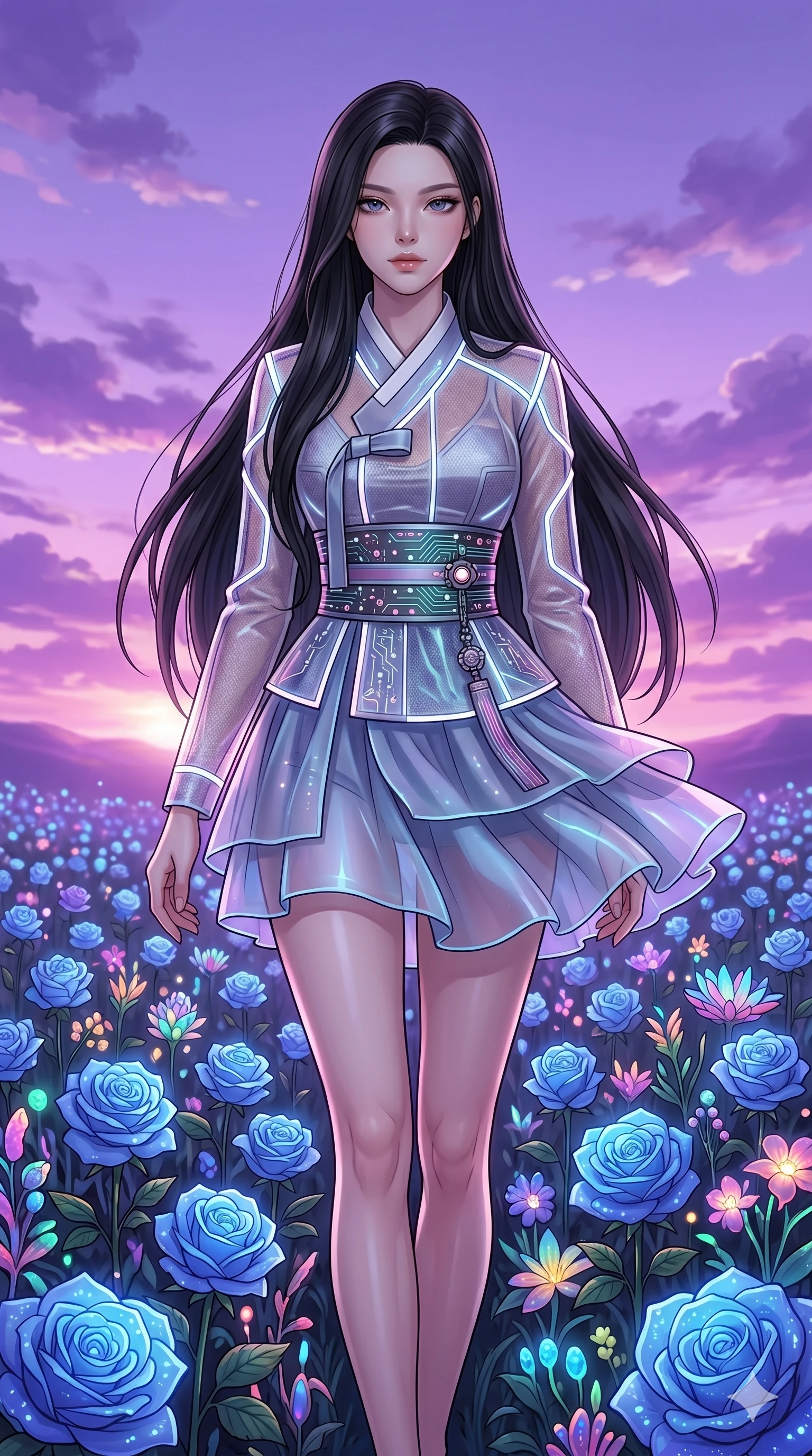 score_9, masterpiece, best quality, ultra-detailed, Set C: High-budget Anime Keyframe, Korean woman. Upper body close-up from the thighs up, character filling the screen for maximum presence. Walking through a field of blue roses under a lavender sky at dusk. She has an absolutely perfect 8-heads proportion, an exceptionally tall and slender female figure with an slender waist and ethereal beauty. Sharp v-shaped jawline, high-bridge nose, intricate jewel-like eyes with depth, thick eyelashes, glossy lips. Wearing a Modern Traditional outfit: shortened cyber-hanbok with transparent panels and a wide obi. Background is a bright and colorful meadow with glowing flowers and a vibrant purple sunset. 2k, ultra detail, master piece, 9:16 ratio