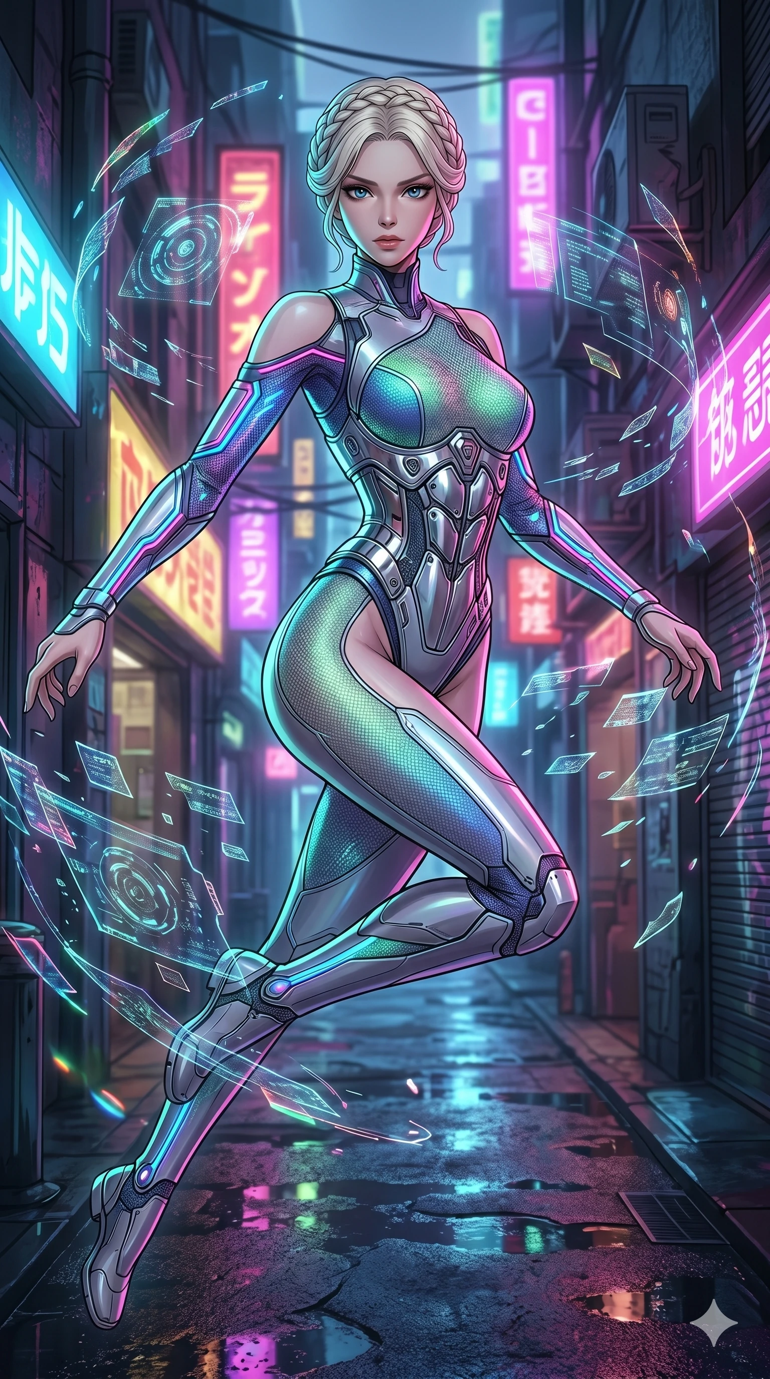 score_9, masterpiece, best quality, ultra-detailed, high-budget anime movie keyframe, cinematic anime lighting, intricate line art, Caucasian (strictly human ears) woman. Medium shot of upper body capturing the intricate details of her high-fashion attire. leaping gracefully in a neon-lit cyberpunk alleyway surrounded by floating data-shards. She has an absolutely perfect 8-heads proportion, an exceptionally tall and slender female figure with an ultra-slim waist and impossibly long slender legs. sharp v-shaped jawline, high-bridge nose, intricate jewel-like eyes, thick eyelashes, glossy lips. Wearing asymmetrical high-cut tech-bodysuit with detached glowing sleeves, chrome-plated mechanical corset, and bioluminescent mesh panels clinging to her slender figure. The scene is illuminated by dramatic atmospheric lighting and vibrant color palettes. , 2k, ultra detail, master piece, 9:16 ratio