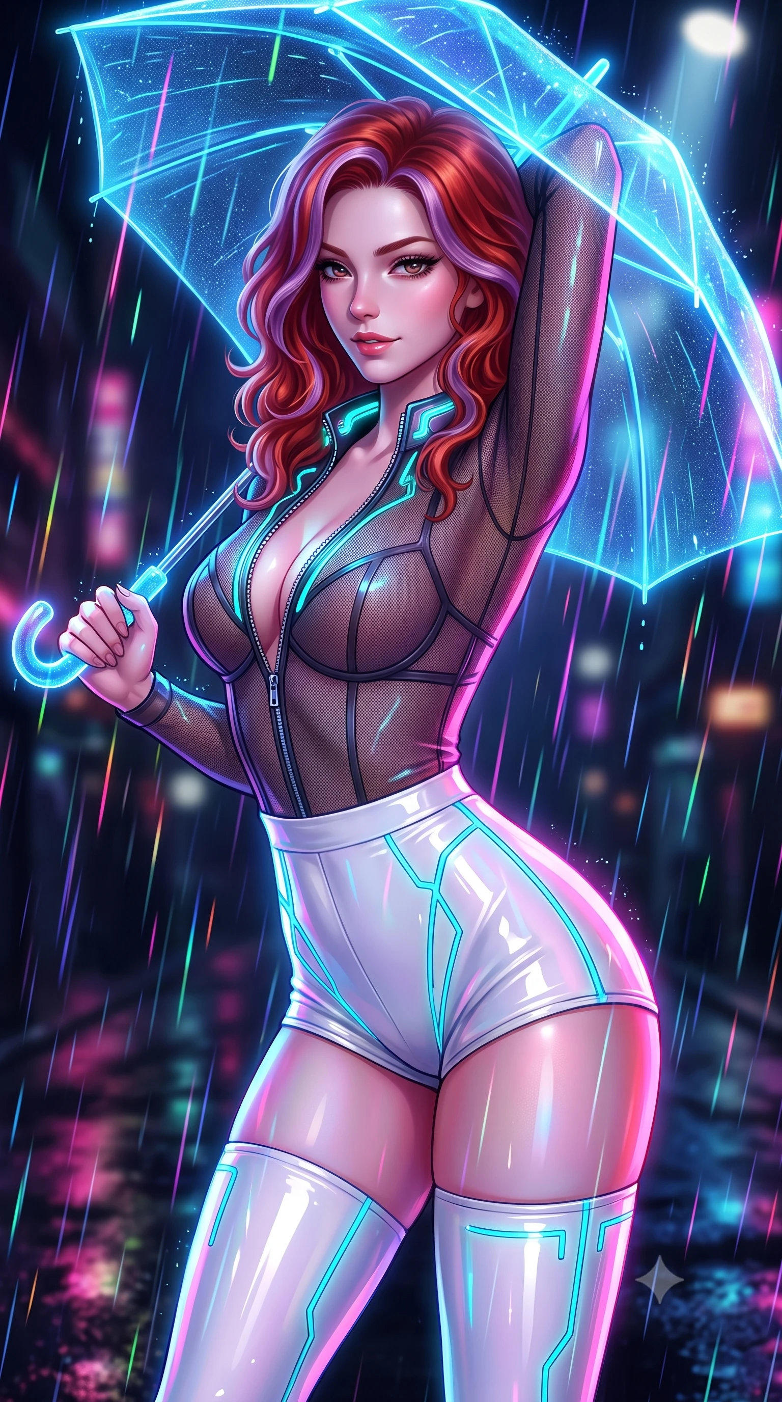 score_9, masterpiece, best quality, ultra-detailed, high-budget anime keyframe, semi-realistic 3D game render, editorial fashion photography, tasteful artistic composition, Caucasian woman. close-up cowboy shot from the waist and thighs up, the character dominates the composition, filling the frame with her large presence. stretching forward with an alluring arch of her spine, glancing over her shoulder with thick eyelashes and a smoldering half-smile while pausing beneath a glowing holographic umbrella as neon rain streams down her form-contouring outfit. The composition keeps background elements in soft focus with creamy bokeh. neon-lit rain streaks scattering multi-colored light across a dark metropolitan backdrop. She has an exceptionally elegant, slender, and willowy female figure with an ultra-slim waist, a gracefully sculpted slender torso, and a refined silhouette. sharp v-shaped jawline, high-bridge nose, intricate jewel-like eyes with depth, thick eyelashes, glossy lips with a natural sheen, flawlessly proportioned anatomical accuracy, natural body alignment, perfectly sculpted elegant limbs, clean dynamic posture without body distortion. wearing a delicate see-through dark mesh top with structured cup boning, paired with high-cut micro-shorts and thigh-high stockings in pure snow white latex and glowing cyan circuit seams, formed from high-gloss patent material with specular light reflections, featuring a dangerously unzipped neckline framed by glowing cybernetic accents, the liquid-tight fabric adhering flawlessly to her sculpted torso and slender silhouette. bathed in multi-colored neon reflections from wet surfaces and sharp overhead spotlights. highly saturated vibrant anime colors, detailed shading with soft gradients, rich glossy textures, high-contrast stereoscopic depth, volumetric dynamic lighting, master piece, 9:16 ratio