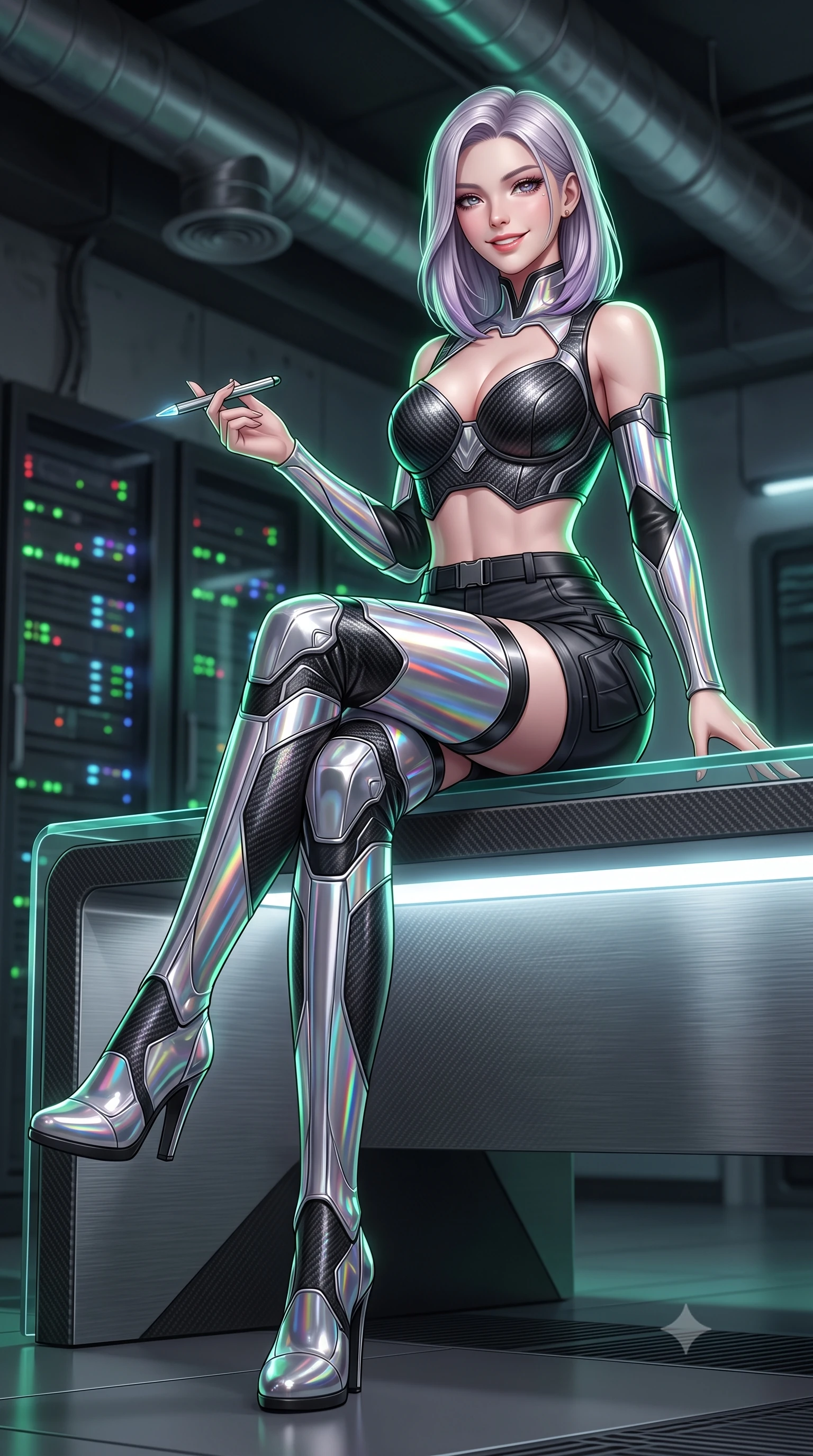 score_9, masterpiece, best quality, ultra-detailed, high-budget anime keyframe, semi-realistic 3D game render, editorial fashion photography, tasteful artistic composition, Caucasian woman. low angle full-body shot from head to toe showing her feet, filling the entire 9:16 vertical frame with her statuesque presence, stretching her vertical silhouette. striding forward gracefully across the reflective metal deck in mid-motion with a radiant beaming smile, hips swaying in an alluring kinetic rhythm that accentuates her curvy hourglass silhouette and long slender legs while sitting perched on the edge of the master terminal desk with legs crossed, holding a data stylus while flashing a dangerous, confident smile. The background shows a soft-focus flickering server rack LED indicators and industrial ventilation ducts softened in tactical cyberpunk shallow focus. She has an absolutely perfect, statuesque 8.5-heads proportion, an exceptionally tall and slender model-like female figure with impossibly long slender legs, an ultra-slim waist, a flat toned midriff, narrow delicate ribcage, and beautifully sculpted feminine hips creating a graceful, slim hourglass silhouette without any bulky heaviness. sharp v-shaped jawline, high-bridge nose, intricate jewel-like sparkling eyes with depth, thick eyelashes, glossy parted lips with a natural sheen, bright confident smile with an enchanting and coquettish sensual glint, exuding both youthful magnetic charm and sovereign high-tech allure, flawlessly proportioned anatomical accuracy, strict slender model proportions, natural body alignment, perfectly sculpted long slender limbs, ultra-slim waistline, clean dynamic posture without body distortion. wearing a sculpted carbon-fiber bustier armor top paired with ultra-tight tactical cargo shorts and thigh-high armored boots in liquid chrome silver and pitch black, woven from layered gossamer holographic organza casting chromatic prism reflections, finished with delicate carbon-fiber boning framing the narrow waistline, the aerodynamic second-skin silhouette tightly following the natural contour of her hips and long slender legs with youthful 8.5-heads elegance. illuminated by glowing console underlights and crisp emerald rim lighting sharply carving her razor-sharp jawline, narrow waist, and curvy hips. highly saturated vibrant anime colors, detailed shading with soft gradients, rich glossy textures, high-contrast stereoscopic depth, volumetric dynamic lighting, master piece, 9:16 ratio