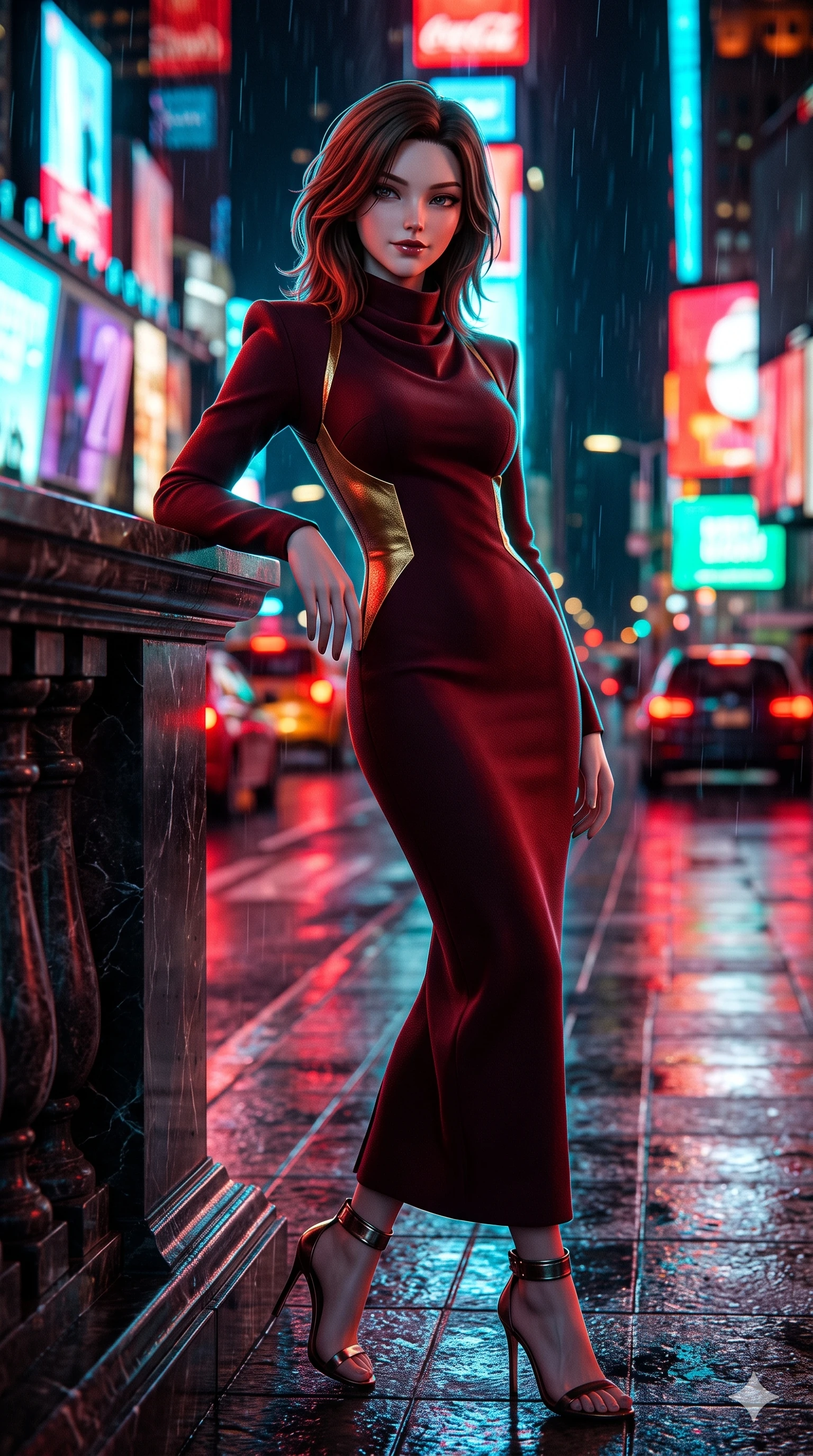 score_9, masterpiece, best quality, ultra-detailed, high-budget anime keyframe, semi-realistic 3D game render, editorial fashion photography, tasteful artistic composition, Korean woman. close-up cowboy shot from the waist and thighs up, the character dominates the composition, filling the frame with her large presence. resting one elbow on the marble balustrade while arching her spine with dancer poise, her dark bedroom-eyes casting a magnetic sidelong glance while stepping forward into the rain-streaked neon light, head tilted slightly as her smoldering gaze captivates the lens. The background shows a soft-focus towering neon LED video screens, streaking red car taillights, and wet pedestrian crosswalk blurred into scarlet, cyan, and amber bokeh. She has an exceptionally elegant, slender, and willowy female figure with an ultra-slim waist, flat toned midriff, narrow ribcage, and sculpted feminine hips creating an alluring, slim hourglass silhouette without bulk. sharp v-shaped jawline, high-bridge nose, intricate jewel-like dark sparkling eyes with dangerous depth, thick curled eyelashes, glossy parted lips with a rich wine sheen, smoldering seductive half-smile with bedroom-eyes, exuding effortless superiority and intoxicating dark allure, flawlessly proportioned anatomical accuracy, strict slender model proportions, natural body alignment, perfectly sculpted long slender limbs, ultra-slim waistline, clean dynamic posture without body distortion. wearing a bespoke architectural wool-crepe column gown with high cowl neck and sharp structured shoulders in deep wine burgundy and lustrous gold foil, tailored from fine lightweight midnight wool crepe with crisp architectural structure, complemented by strappy stiletto heels with metallic ankle cuffs accentuating her slender calves, the bespoke structured tailoring following the natural line of her 8.5-heads silhouette with refined elegance. illuminated by mirror-wet road surface bounce and sharp electric-cyan rim lights defining her razor-sharp jawline, narrow waist, and curvy hips. highly saturated vibrant anime colors, detailed shading with soft gradients, rich glossy textures, high-contrast stereoscopic depth, volumetric dynamic lighting, master piece, 9:16 ratio