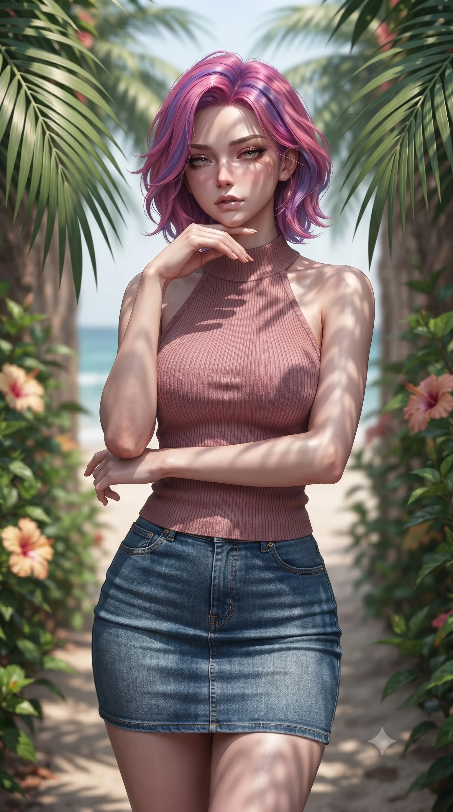 score_9, masterpiece, best quality, ultra-detailed, high-budget anime keyframe, editorial fashion photography, tasteful artistic composition, Caucasian woman woman. close-up cowboy shot from the waist and thighs up, the character dominates the composition, filling the frame with her large presence, background elements kept in soft focus. resting her chin on the backs of her fingers, casting a heavy-lidded, sultry look past the camera the background shows a soft-focus a narrow pathway bordered by huge green palm leaves and wild hibiscus leading to the beach. She has an exceptionally elegant, slender, and willowy female figure with an ultra-slim waist, a gracefully sculpted slender torso, and a refined silhouette. sharp v-shaped jawline, high-bridge nose, intricate jewel-like eyes with depth, thick eyelashes, glossy lips with a natural sheen. wearing a tailored form-fitting ribbed knit halter top in dusty rose, paired with a tight-fitting denim skirt. dappled sunlight filtering through the palm leaves, casting organic shadow patterns. ultra-reflective glossy finish, specular highlights, metallic sheen, high-contrast stereoscopic depth, volumetric dynamic lighting, 2k, ultra detail, master piece, 9:16 ratio