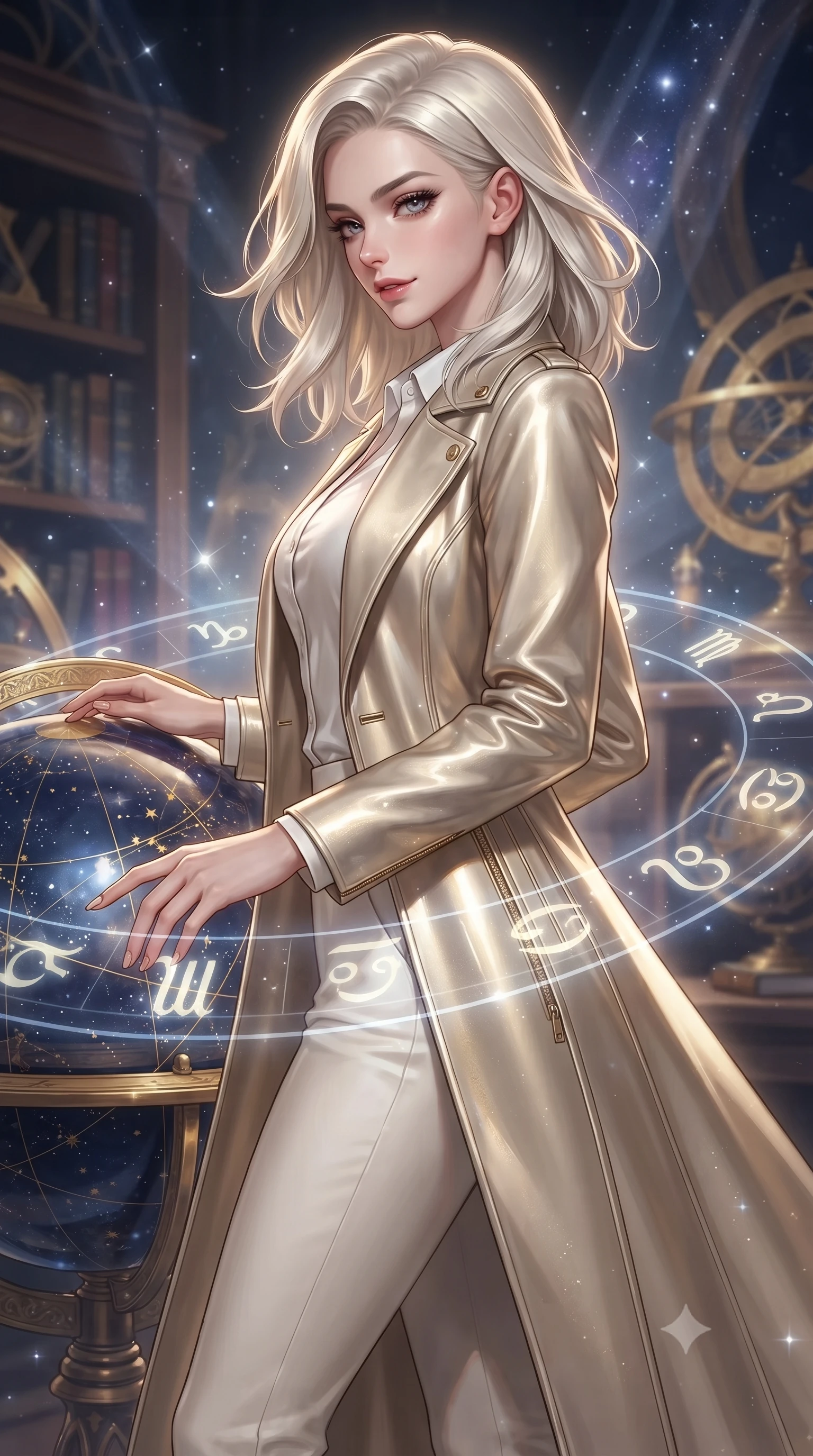 score_9, masterpiece, best quality, ultra-detailed, high-budget anime keyframe, editorial fashion photography, tasteful artistic composition, Caucasian woman. close-up cowboy shot from the waist and thighs up, the character dominates the composition, filling the frame with her large presence, background elements kept in soft focus. Glancing sidelong over her shoulder with a smoldering half-smile, resting near a giant celestial globe reflecting deep navy and gold star maps, translucent zodiac glyphs orbiting around her delicate hands. She has an exceptionally elegant, slender, and willowy female figure with an ultra-slim waist, a gracefully sculpted slender torso, and a refined silhouette. sharp v-shaped jawline, high-bridge nose, intricate jewel-like eyes with depth, thick eyelashes, glossy lips with a natural sheen. wearing structured platinum leather long coat over white silk blouse and tailored slacks in glowing ivory, made of high-gloss liquid pearl vinyl, finished with metallic gold boning and sleek zipper points, sculpting her athletic slender build with refined precision. surrounded by a glowing aura of starlight and shimmering celestial rays. ultra-reflective glossy finish, specular highlights, metallic sheen, high-contrast stereoscopic depth, volumetric dynamic lighting, 2k, ultra detail, master piece, 9:16 ratio