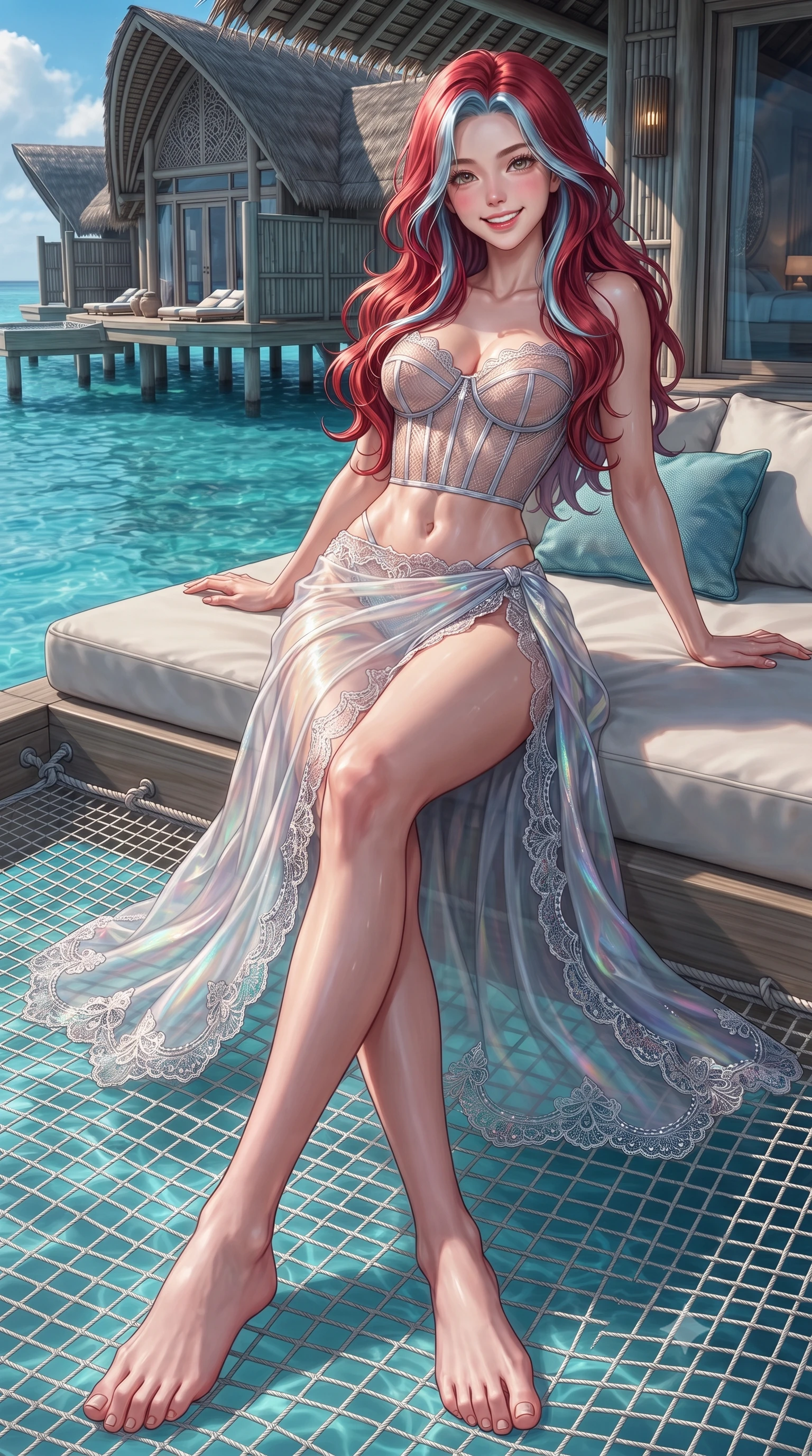 score_9, masterpiece, best quality, ultra-detailed, high-budget anime keyframe, editorial fashion photography, tasteful artistic composition, Caucasian woman. low angle full-body shot from head to toe showing her feet, filling the entire 9:16 vertical frame with her statuesque presence, stretching her vertical silhouette. lounging on the lavish daybed with legs crossed and hips angled toward the camera, displaying her toned midriff and long slender limbs with effortless siren poise while twisting her slender torso in an alluring S-curve on the overwater netting, glowing lagoon water caustics dancing across her flat midriff and curves. The surrounding environment is rendered in vivid detail and crisp panoramic clarity: detailed outfit texture, delicate trims, and bespoke island architecture in high resolution. She has an exceptionally tall and slender model-like 8.5-heads proportion, an ultra-slim waist, a flat toned midriff, narrow delicate ribcage, and beautifully sculpted feminine hips creating a graceful, slim hourglass silhouette without any bulky heaviness, with impossibly long slender legs. sharp v-shaped jawline, high-bridge nose, intricate jewel-like sparkling eyes with depth, thick eyelashes, glossy parted lips with a natural peach sheen, bright cheerful beaming smile with an enchanting and coquettish sensual glint, exuding both youthful cute charm and seductive allure, flawlessly proportioned anatomical accuracy, strict slender model proportions, natural body alignment, perfectly sculpted long slender limbs, ultra-slim waistline, clean dynamic posture without body distortion. wearing a provocative translucent mesh corset bodice with boned satin channels paired with a sheer chiffon wrap maxi skirt in liquid molten silver and iridescent mother-of-pearl, woven from fine semi-opaque stretch illusion mesh tracing her slender contours, finished with scalloped eyelash lace trim framing her sweetheart neckline with intimate elegance, the form-contouring silhouette accentuating her sculpted flat midriff, narrow delicate ribcage, and gracefully curvy hips with intoxicating allure. illuminated by lagoon water surface specular bounce and sharp gold-and-cyan dual rim lights defining her dewy collarbones, ultra-slim waist, and curvy hips. ultra-reflective glossy finish, specular highlights, rich textural contrasts, high-contrast stereoscopic depth, volumetric dynamic lighting, 2k, ultra detail, master piece, 9:16 ratio