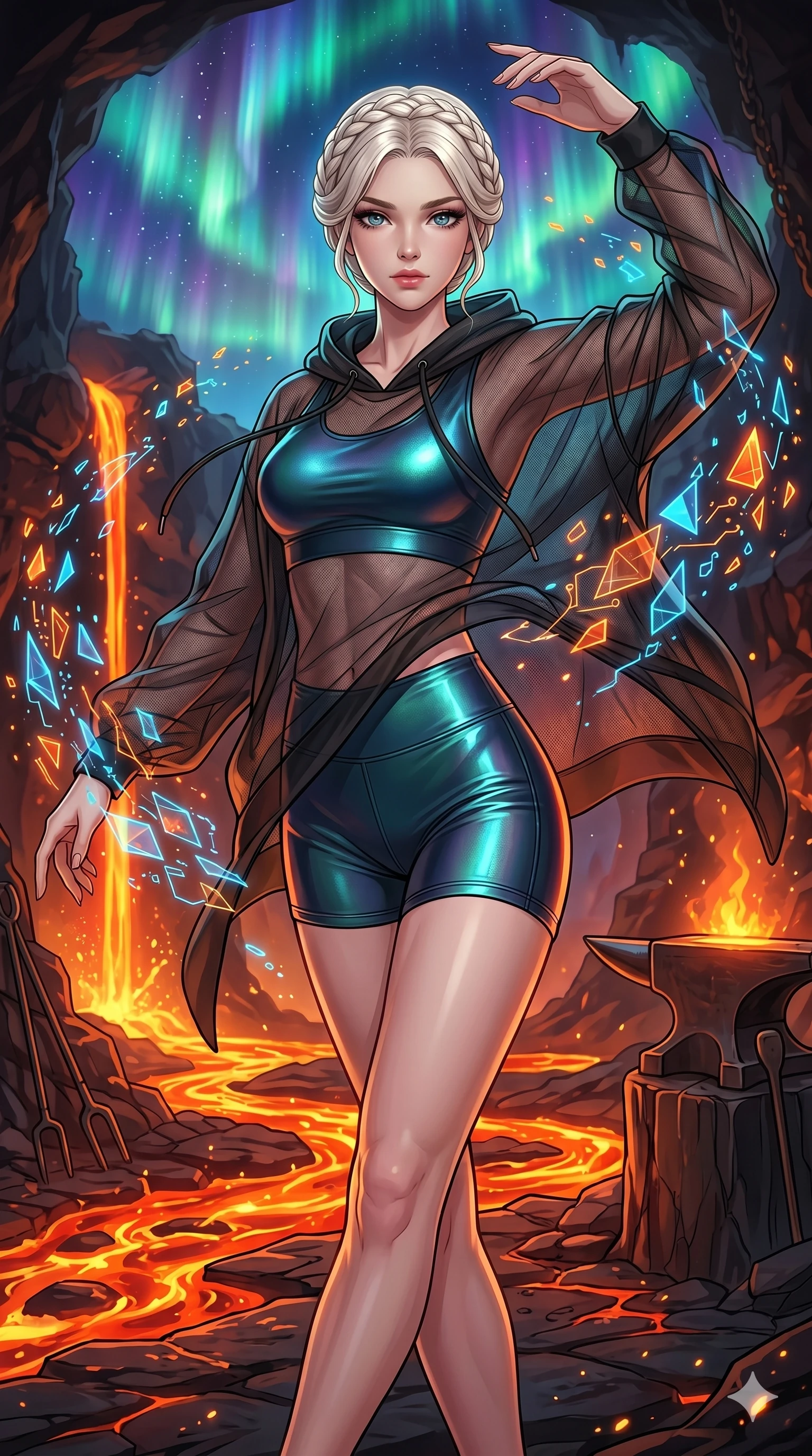 score_9, masterpiece, best quality, ultra-detailed, high-budget anime movie keyframe, cinematic anime lighting, intricate line art, Caucasian (strictly human ears) anime girl. Upper body filling screen focusing on her alluring features and slim-fit silhouette. dancing with data-shards in a volcanic lava forge amidst aurora borealis. She has an absolutely perfect 8-heads proportion, an exceptionally tall and slender female figure with an ultra-slim waist and impossibly long slender legs. sharp v-shaped jawline, high-bridge nose, intricate jewel-like eyes, thick eyelashes, glossy lips. Wearing premium athleisure set with a metallic-finish compression top, high-cut yoga shorts that accentuate her long legs, and a sheer oversized hoodie. The scene is illuminated by dramatic atmospheric lighting and vibrant color palettes. 2k, ultra detail, master piece, 9:16 ratio