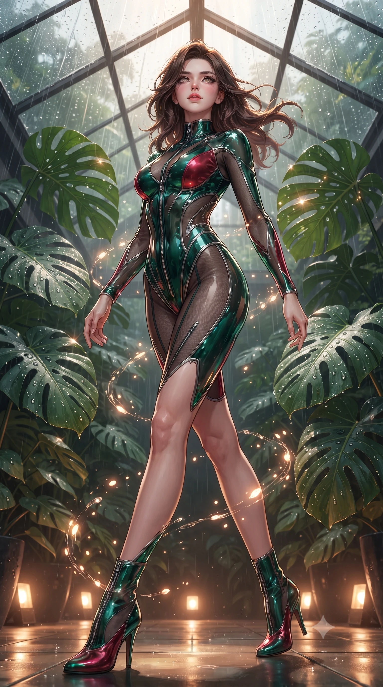 score_9, masterpiece, best quality, ultra-detailed, high-budget anime keyframe, editorial fashion photography, tasteful artistic composition, Korean woman. low angle full-body shot from head to toe showing her feet, filling the entire 9:16 vertical frame with her statuesque presence, stretching her vertical silhouette. interacting with glowing light particles, her long slender legs poised in motion, looking up at the rain-streaked glass ceiling with a calm, composed expression, dewdrops on large tropical monstera leaves catching sharp specular highlights. She has an absolutely perfect, statuesque 8.5-heads proportion, an exceptionally tall and slender model-like female figure with impossibly long slender legs and an ultra-slim waist. sharp v-shaped jawline, high-bridge nose, intricate jewel-like eyes with depth, thick eyelashes, glossy lips with a natural sheen. wearing translucent liquid acrylic splash bodysuit with semi-opaque dark mesh in deep emerald green, made of soft crimson satin, finished with metallic silver boning and sleek zipper points, contouring every curve with an exceptionally elegant silhouette. illuminated by warm amber floor lights filtering through tropical greenery. ultra-reflective glossy finish, specular highlights, metallic sheen, high-contrast stereoscopic depth, volumetric dynamic lighting, 2k, ultra detail, master piece, 9:16 ratio