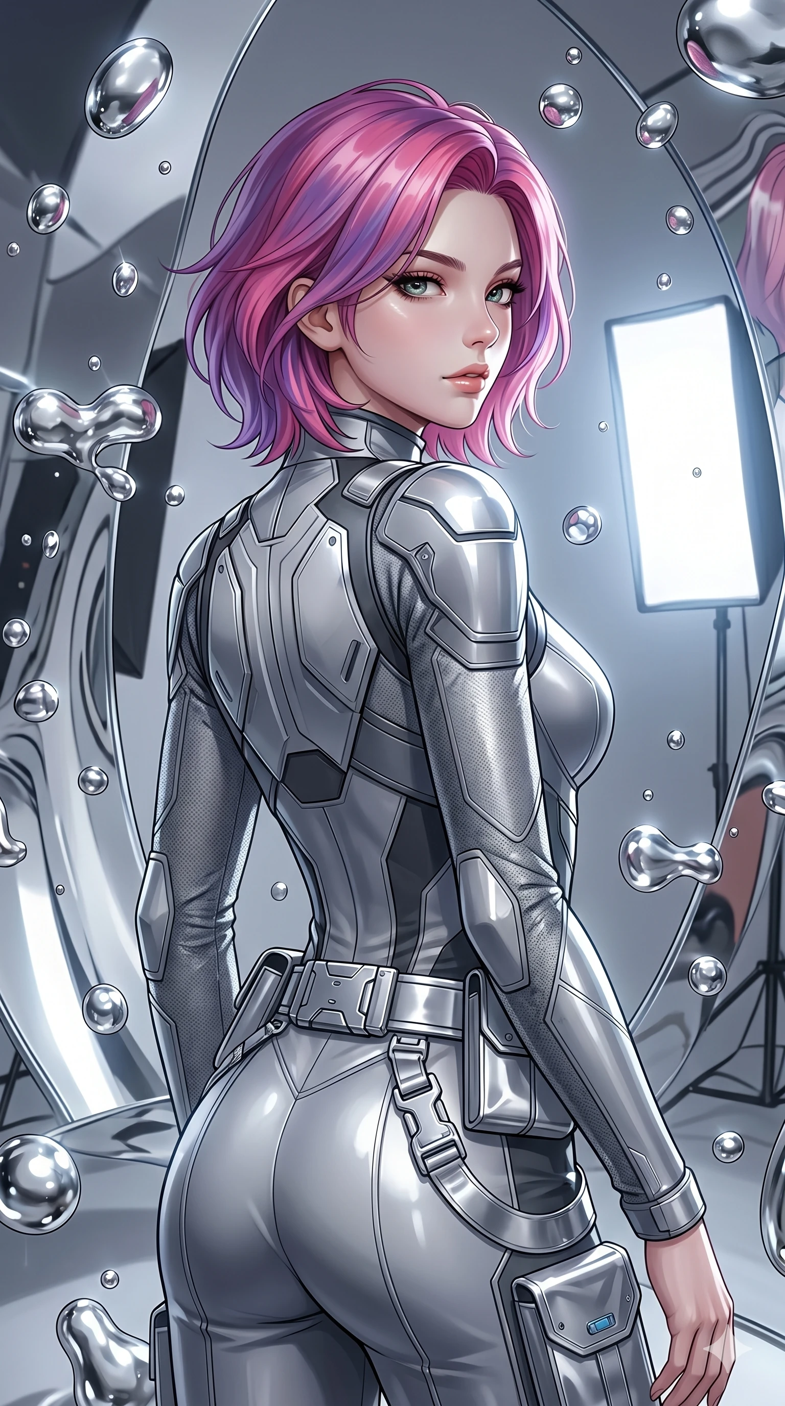 score_9, masterpiece, best quality, ultra-detailed, high-budget anime keyframe, Caucasian woman, strictly human ears. Upper body close-up from the thighs up, character filling the screen for maximum presence. She is surrounded by floating mercury droplets and curved abstract mirrors that warp space. She strikes a striking fashion pose, looking over her shoulder with glossy, natural lips. She has an absolutely perfect 8-heads proportion, a tall and elegant figure with a refined silhouette and a defined waistline. V-shaped jawline, high-bridge nose, intricate jewel-like eyes with depth, thick eyelashes, glossy lips with a natural sheen. She is wearing a high-fashion tech-jumpsuit featuring structured panel overlays across the torso and shoulders, accented by a metallic silver utility belt and textured fabric sleeves. The scene is bathed in highly reflective silver highlights and a stark white side studio light. 2k, ultra detail, master piece, 9:16 ratio