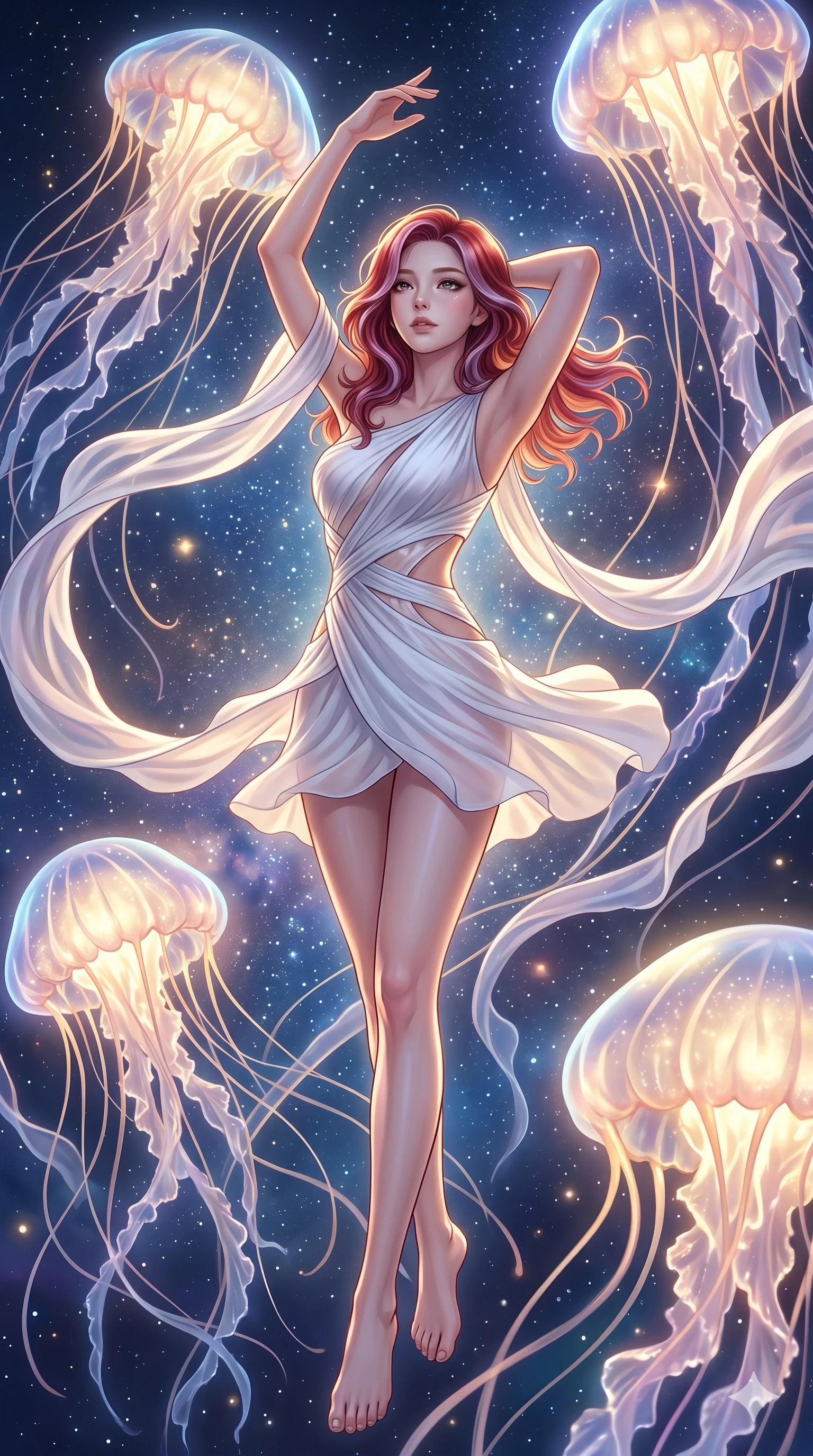 score_9, masterpiece, best quality, ultra-detailed, high-budget anime keyframe, Korean woman. low angle full-body shot filling the entire 9:16 frame with her statuesque presence, stretching the vertical silhouette. swirling gracefully among the glowing ribbon-like tentacles of giant bioluminescent jellyfish floating in a starry sky garden. She has an absolutely perfect 8-heads proportion, an exceptionally tall and slender female figure with impossibly long slender legs and an ultra-slim waist. V-shaped jawline, high-bridge nose, intricate jewel-like eyes with depth, thick eyelashes, glossy lips with a natural sheen.. wearing an asymmetric chiffon draped couture mini dress, featuring draped white chiffon fabric twisting around her body with elegant diamond cutouts on the waist. illuminated by dramatic chiaroscuro casting soft shadows along her curves, with vibrant backlighting highlighting the dust particles. 2k, ultra detail, master piece, 9:16 ratio