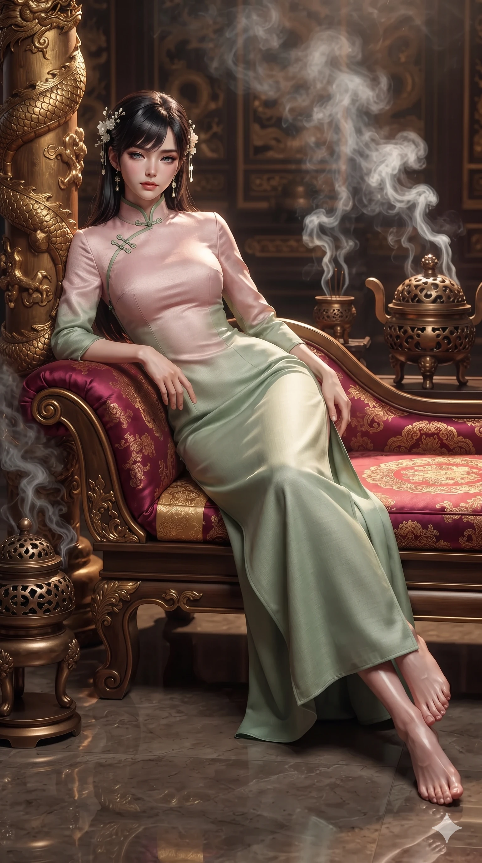 score_9, masterpiece, best quality, ultra-detailed, high-budget anime keyframe, editorial fashion photography, tasteful artistic composition, Japanese woman. low angle full-body shot from head to toe showing her feet, filling the entire 9:16 vertical frame with her statuesque presence, stretching her vertical silhouette. reclining gracefully across the plush chaise lounge with one leg extended, her sculpted silhouette and flat midriff radiating magnetic nocturnal glamour while leaning against the gilded wooden column with hips cocked back, looking through heavy-lidded bedroom-eyes with an intoxicating half-smile. The surrounding environment is rendered in vivid detail and crisp panoramic clarity: sharp bronze incense burner openwork lid, carved gilt wood dragon scales, and polished stone floor reflections in deep focus. She has an absolutely perfect, statuesque 8.5-heads proportion, an exceptionally tall and slender model-like female figure with impossibly long slender legs, an ultra-slim waist, a flat toned midriff, narrow delicate ribcage, and beautifully sculpted feminine hips creating a graceful, slim hourglass silhouette without any bulky heaviness. sharp v-shaped jawline, high-bridge nose, sparkling eyes with hypnotic seductive depth, thick curled eyelashes, glossy parted lips with a natural dewy peach sheen, alluring bedroom-eyes with an enchanting coquettish smile, exuding magnetic siren charisma and sophisticated glamour, flawlessly proportioned anatomical accuracy, strict slender model proportions, natural body alignment, perfectly sculpted long slender limbs, ultra-slim waistline, clean dynamic posture without body distortion. wearing a tailored silk faille evening gown with traditional curved dongjeong collar and tailored sleeves in soft lotus rose and morning dew sage green, woven from bespoke Korean ramie fabric with crisp tactile slub texture, finished with delicate mother-of-pearl hairpin ornaments glinting in her dark glossy hair, the impeccably tailored cut draping gracefully along her slender figure with aristocratic eastern poise. bathed in warm 2200K bronze brazier glow cutting through atmospheric white incense smoke. ultra-reflective glossy finish, specular highlights, rich textural contrasts, high-contrast stereoscopic depth, volumetric dynamic lighting, 2k, ultra detail, master piece, 9:16 ratio