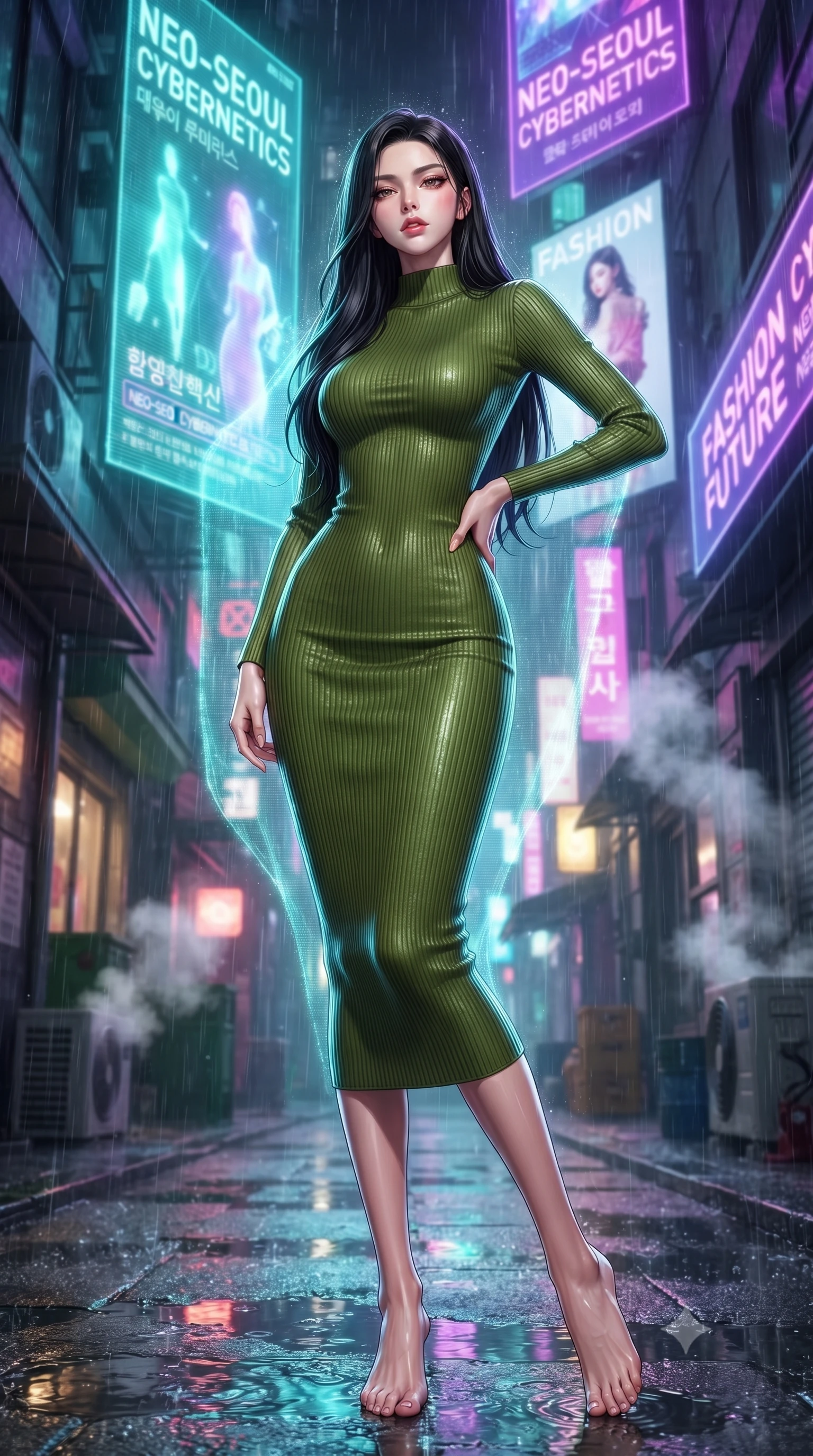 score_9, masterpiece, best quality, ultra-detailed, high-budget anime keyframe, editorial fashion photography, tasteful artistic composition, Korean woman. low angle full-body shot from head to toe showing her feet, filling the entire 9:16 vertical frame with her statuesque presence, stretching her vertical silhouette. posing confidently with one hand on her hip, stretching her statuesque body to emphasize her curves the background shows a soft-focus a rain-swept cyber alleyway beneath massive holographic billboard projections. She has an absolutely perfect, statuesque 8.5-heads proportion, an exceptionally tall and slender model-like female figure with impossibly long slender legs and an ultra-slim waist. sharp v-shaped jawline, high-bridge nose, intricate jewel-like eyes with depth, thick eyelashes, glossy lips with a natural sheen. wearing a slim-fit form-contouring ribbed knit bodycon midi dress in olive green, tracing her slender silhouette with a high neck. shimmering turquoise and electric violet glow wrapping her statuesque figure. highly saturated vibrant anime colors, detailed shading with soft gradients, rich glossy textures, high-contrast stereoscopic depth, volumetric dynamic lighting, master piece, 9:16 ratio
