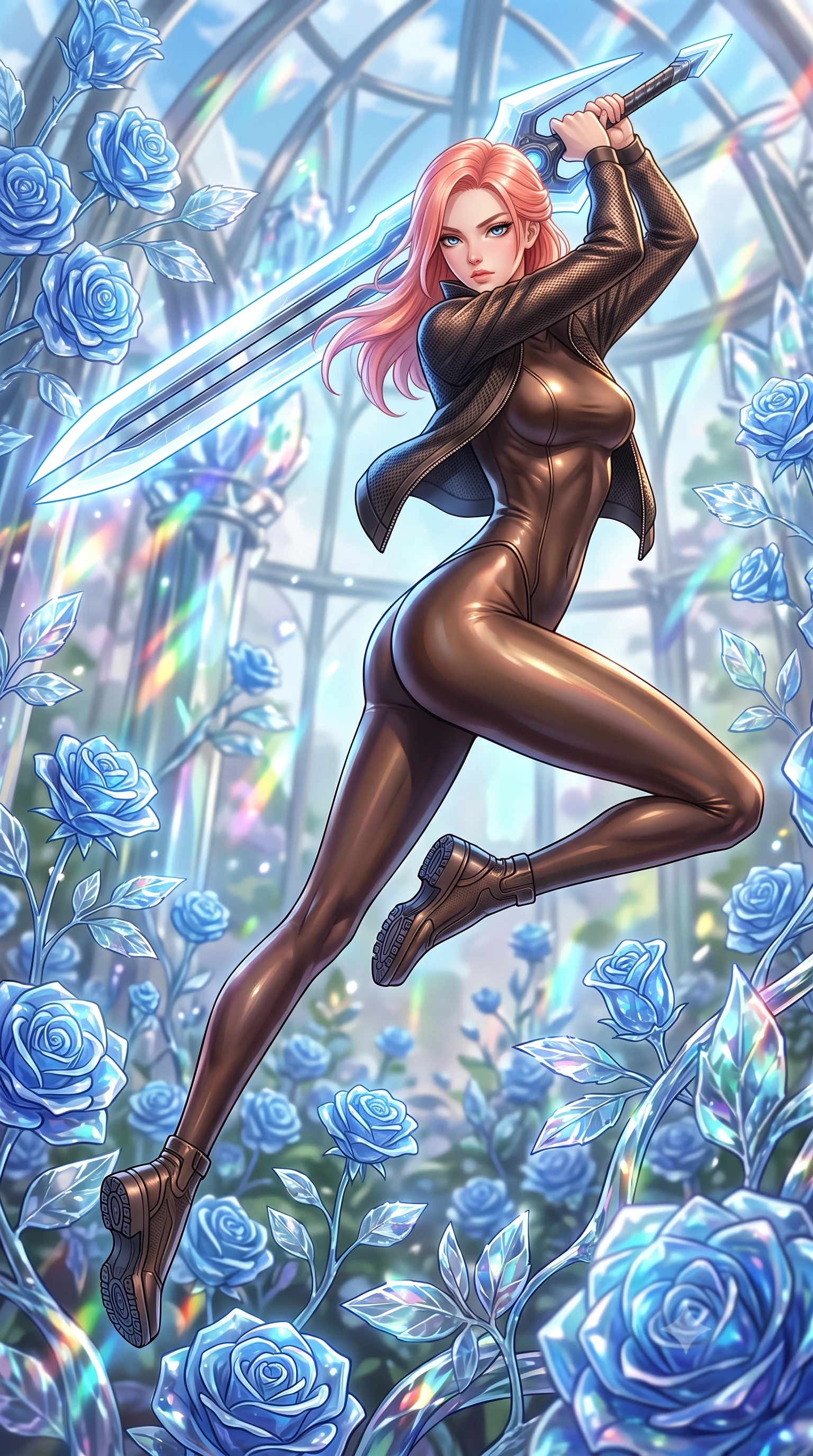 score_9, masterpiece, best quality, ultra-detailed, high-budget anime keyframe, editorial fashion photography, tasteful artistic composition, Japanese woman. low angle full-body shot from head to toe showing her feet, filling the entire 9:16 vertical frame with her statuesque presence, stretching her vertical silhouette. leaping forward while slashing with a twin-bladed plasma sword in mid-air, her body-contouring suit showing her athletic silhouette, the background shows a soft-focus a glass structure garden in a crystal cave, with blue roses and glass leaves. She has an absolutely perfect, statuesque 8.5-heads proportion, an exceptionally tall and slender model-like female figure with impossibly long slender legs and an ultra-slim waist. sharp v-shaped jawline, high-bridge nose, intricate jewel-like eyes with depth, thick eyelashes, glossy lips with a natural sheen. wearing a slim-fit form-fitting high-neck bodysuit in dark bronze, worn under a tailored open carbon-mesh tactical jacket. shimmering light refracting through the glass sculpture onto her collarbone. highly saturated vibrant anime colors, detailed shading with soft gradients, rich glossy textures, high-contrast stereoscopic depth, volumetric dynamic lighting, master piece, 9:16 ratio