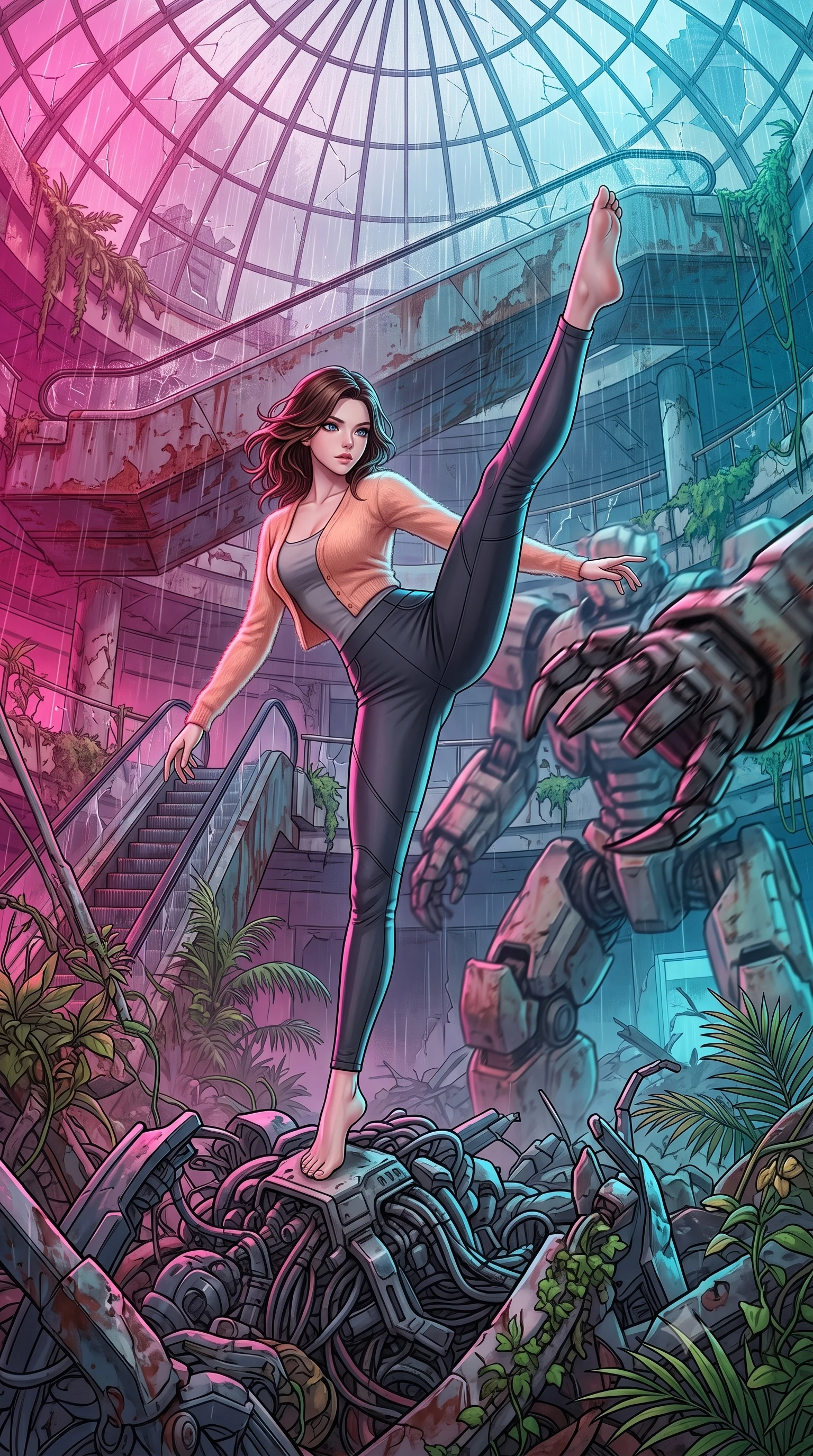 score_9, masterpiece, best quality, ultra-detailed, high-budget anime keyframe, editorial fashion photography, tasteful artistic composition, Korean woman. low angle full-body shot from head to toe showing her feet, filling the entire 9:16 vertical frame with her statuesque presence, stretching her vertical silhouette. acrobatically dodging a heavy mech's swipe by vaulting off a pile of cybernetic debris through a massive ruined arcology atrium, the glass dome shattered and rain falling on rusted escalators and overgrown tropical weeds. She has a statuesque 8.5-heads proportion, an exceptionally tall, slender and willowy model-like build with impossibly long legs and a highly sculpted ultra-slim waist. sharp v-shaped jawline, high-bridge nose, intricate jewel-like eyes with depth, thick eyelashes, glossy lips with a natural sheen. wearing tailored for maximum mobility, sleek form-contouring panels that allow fluid movement, a slim-fit mohair cardigan in a soft peach hue over a grey tank top and high-waisted charcoal trousers. highly saturated vibrant anime colors, intense vivid color palette, soft 3D volumetric shading, volumetric dynamic lighting, dual-tone lighting with hot magenta from the left and cool cyan from the right. 2k, ultra detail, master piece, 9:16 ratio