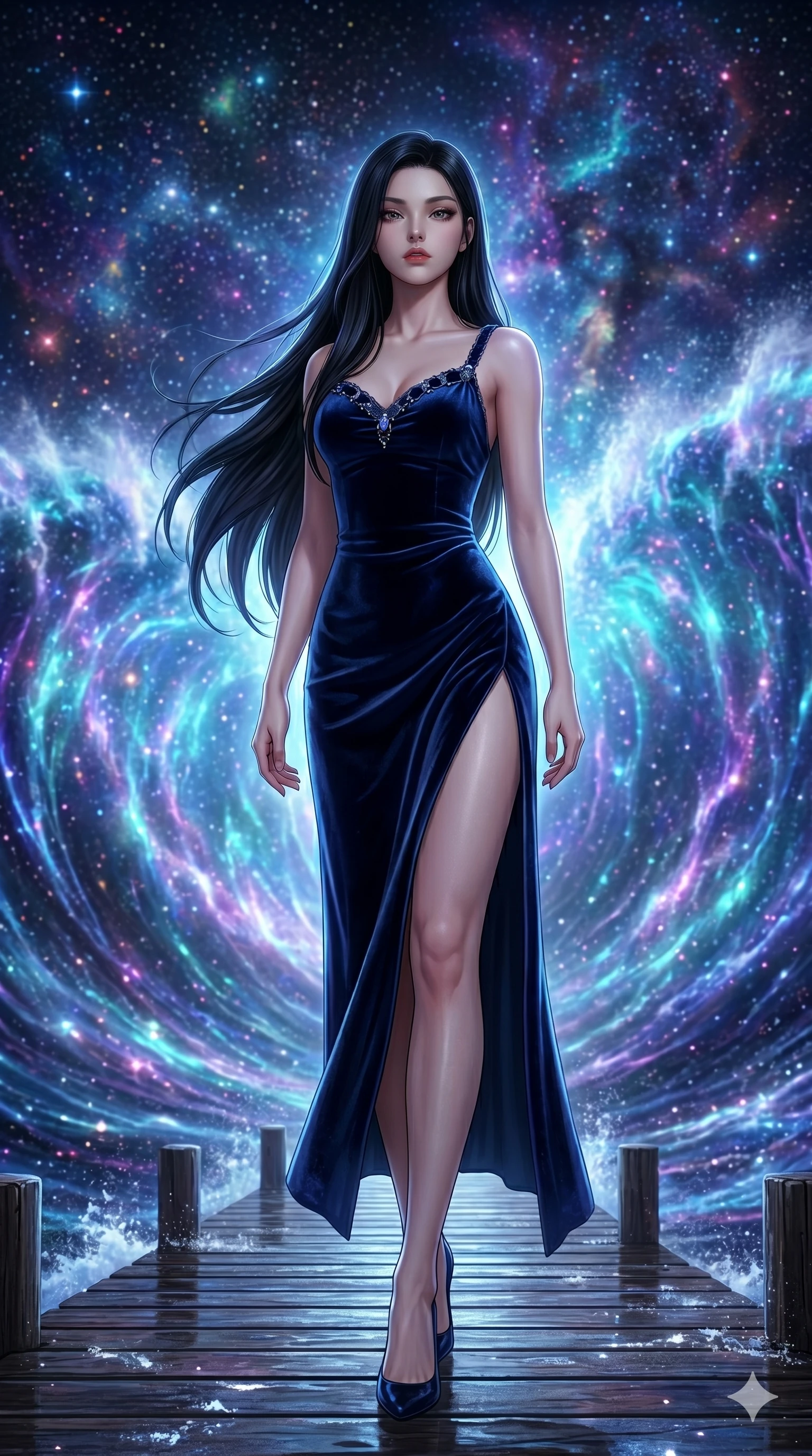 score_9, masterpiece, best quality, ultra-detailed, Set A: Photorealistic 8k CG, Japanese woman. Low angle cowboy shot filling the entire 9:16 frame with her statuesque presence. Standing on a pier as a giant wave of light crashes behind her in a cosmic ocean. She has an absolutely perfect 8-heads proportion, an exceptionally tall and slender female figure with elegant long slender legs and an slender waist. Sharp v-shaped jawline, high-bridge nose, intricate jewel-like eyes with depth, thick eyelashes, glossy lips. Wearing a High-Fashion Editorial outfit: slip dress with a elegant high side slit and velvet detail. Background is a bright and colorful starry sea with a glowing blue wave and nebula sky. 2k, ultra detail, master piece, 9:16 ratio