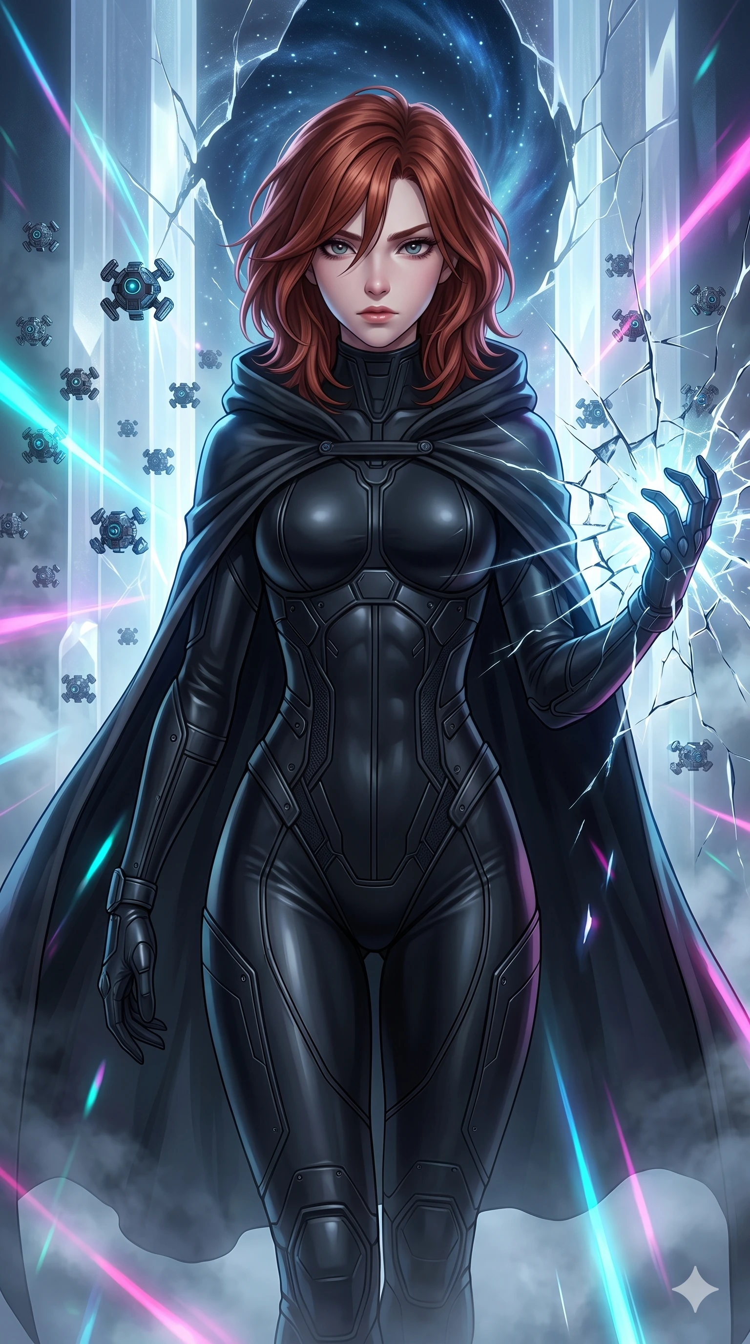 score_9, masterpiece, best quality, ultra-detailed, Set A: High-budget Anime Keyframe, Japanese woman. Upper body close-up from the thighs up, character filling the screen for maximum presence. Theme: Ethereal Dream. shattering the fabric of reality in a temple made of solid light, surrounded by 99 hovering guardian drones. The atmosphere is filled with heavy smog with neon flares. She has an absolutely perfect 8-heads proportion, an exceptionally tall and slender female figure with impossibly long slender legs and an ultra-slim waist. Sharp v-shaped jawline, high-bridge nose, intricate jewel-like eyes with depth, glossy lips. Wearing Tech-assassin gear with a hooded cloak and a form-fitting matte black latex suit. Cinematic lighting, vivid colors, dramatic shadows, 2k, ultra detail, master piece, 9:16 ratio