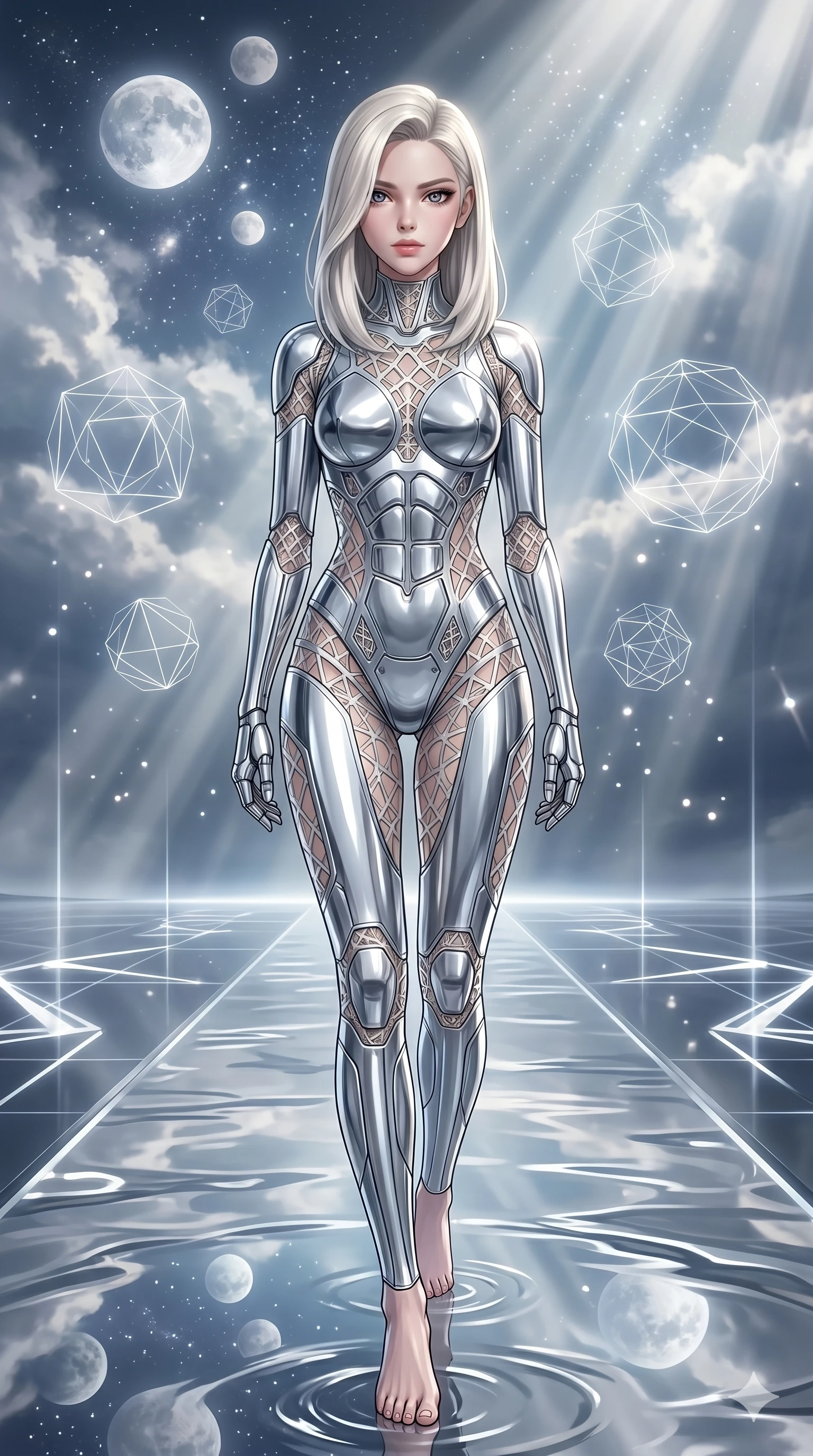 score_9, masterpiece, best quality, ultra-detailed, high-budget anime keyframe, editorial fashion photography, tasteful artistic composition, Caucasian woman, strictly human ears. low angle full-body shot from head to toe showing her feet, filling the entire 9:16 vertical frame with her statuesque presence, stretching her vertical silhouette. lunging forward near on a runway of liquid mercury reflecting a sky filled with multiple moons while floating geometrical wireframes rotate and pulse in synch. She has an absolutely perfect 8-heads proportion, an exceptionally tall and slender female figure with impossibly long slender legs and an ultra-slim waist. V-shaped jawline, high-bridge nose, intricate jewel-like eyes with depth, thick eyelashes, glossy lips with a natural sheen.. wearing a bionic chrome plate bodysuit, featuring silver chrome plates covering the torso and hips, connected by opaque geometric lattice panels. bathed in dramatic god rays filtering through clouds with high specular highlights along her silhouette. 2k, ultra detail, master piece, 9:16 ratio