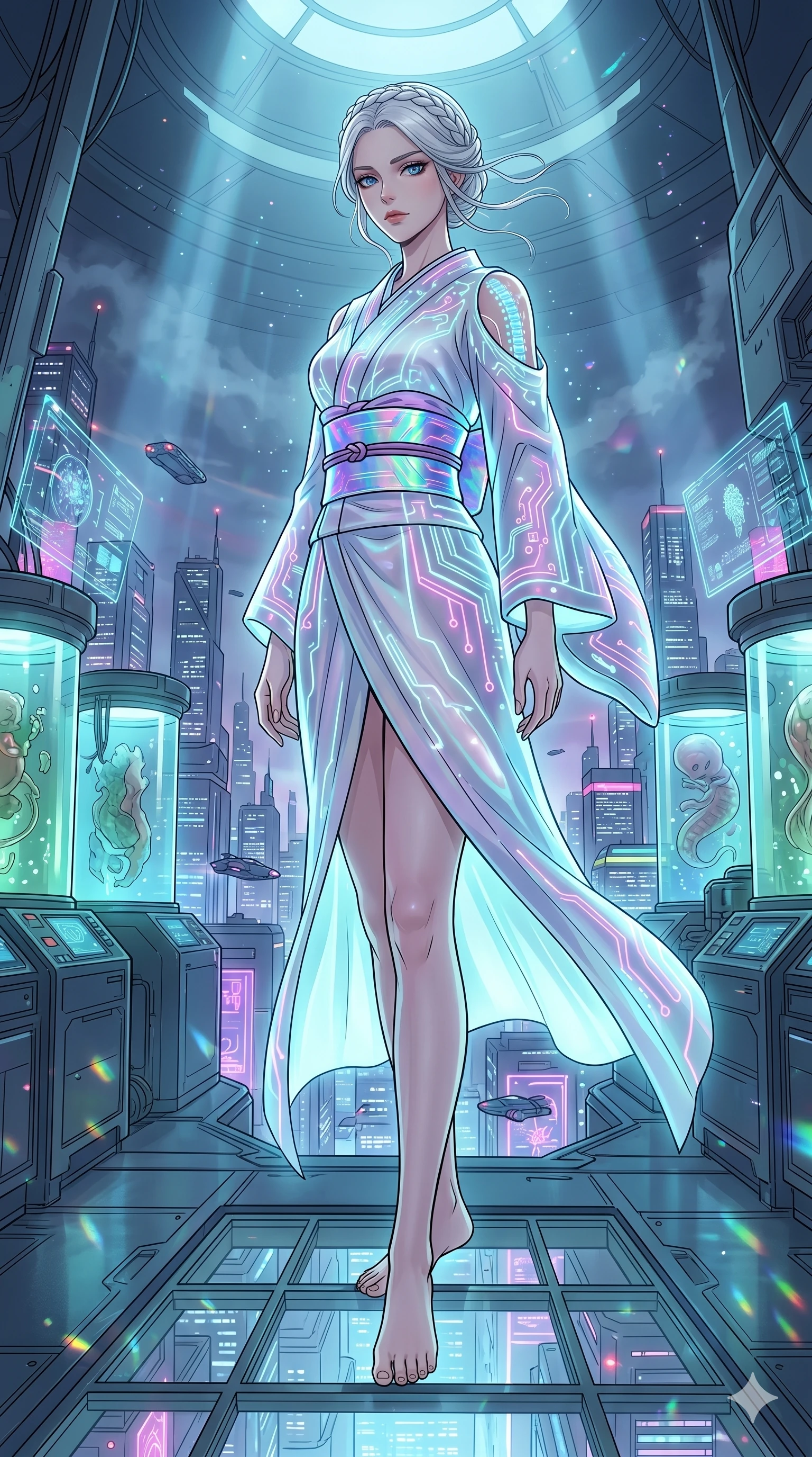 score_9, masterpiece, best quality, ultra-detailed, High-budget Anime Keyframe, vibrant colors, fluid line-art, expressive lighting, cinematic composition, Ufotable-style visual effects, top-tier animation quality, Japanese woman with delicate and elegant anime-inspired features. Dramatic low angle looking up at her majestic stature, dominating the vertical space of the composition. Standing atop a dizzying skyscraper overlooking a vast megalopolis of neon towers and flying vehicles, the wind whipping through her hair. She has an absolutely perfect 8-heads proportion, an exceptionally tall and slender female figure with impossibly long slender legs and an ultra-slim waist, her statuesque height and towering silhouette dominating the vertical 9:16 frame. Her face is a masterpiece featuring a sharp v-shaped jawline, high-bridge nose, intricate jewel-like eyes with depth, thick eyelashes, and glossy lips with a natural sheen. She is wearing a High-slit tech-kimono with holographic obi and integrated neon-lit circuitry patterns crafted from Bioluminescent silk that emits a soft, ethereal glow from within the fabric, boasting shoulder cut-outs and a glowing spinal interface visible through the back. The scene is set in a high-tech research laboratory with glowing glass tanks and complex holographic interfaces, illuminated by volumetric light beams cutting through a hazy atmosphere, creating a sense of depth. 2k, ultra detail, master piece, 9:16 ratio