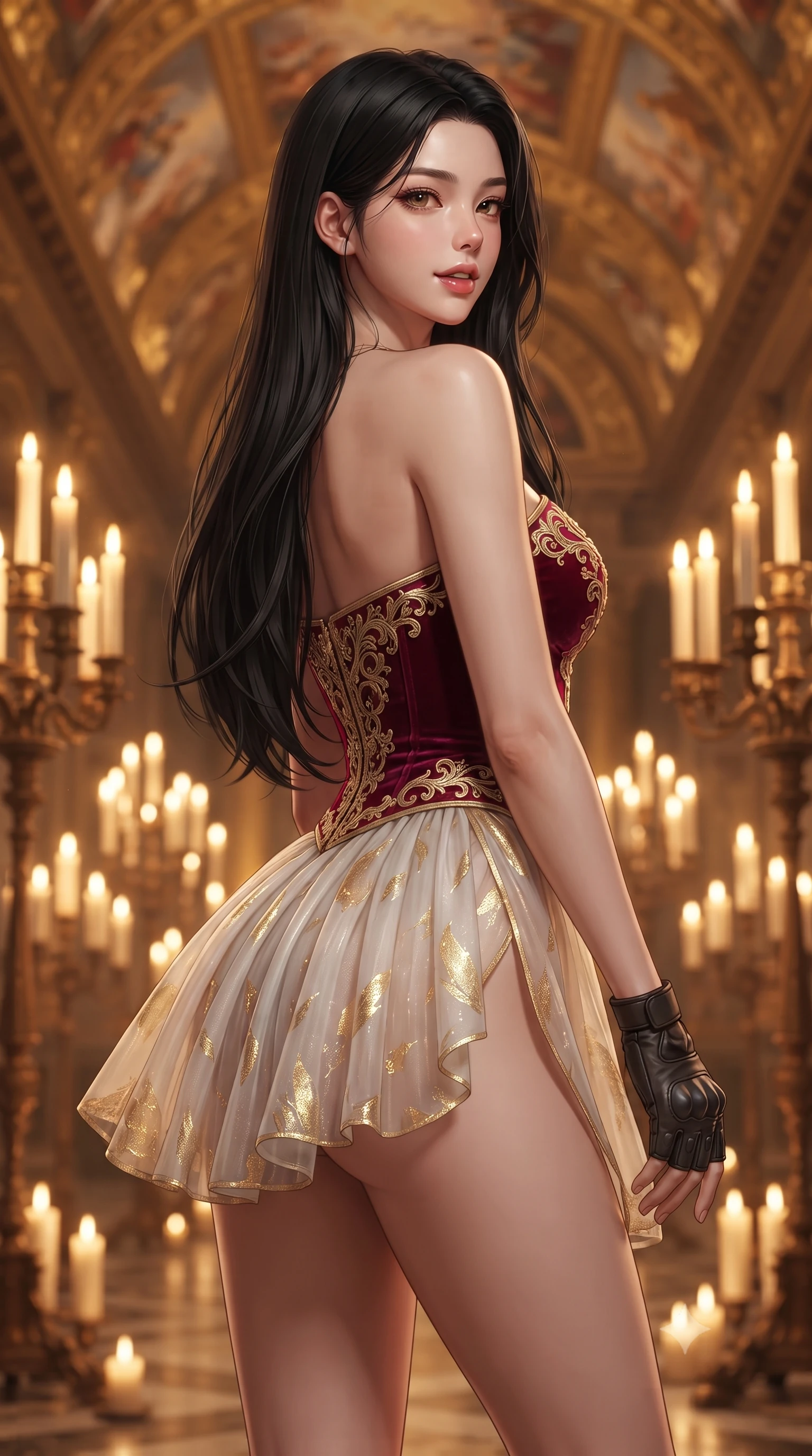 score_9, masterpiece, best quality, ultra-detailed, high-budget anime keyframe, editorial fashion photography, tasteful artistic composition, Korean woman. close-up cowboy shot from the waist and thighs up, the character dominates the composition, filling the frame with her large presence. posing in an alluring rear three-quarter angle, looking over a bare shoulder with parted glossy lips, her hips cocked back to highlight her slim hourglass curve while walking slowly down the monumental foyer gallery, hips swaying in an alluring kinetic rhythm that accentuates her curvy hourglass silhouette. The background shows a soft-focus hundreds of flickering candle flames in tall bronze candelabras and gilded ceiling frescoes blurred into warm honey, amber, and gold bokeh. She has an exceptionally elegant, slender, and willowy female figure with an ultra-slim waist, flat toned midriff, narrow ribcage, and sculpted feminine hips creating an alluring, slim hourglass silhouette without bulk. sharp v-shaped jawline, high-bridge nose, sparkling eyes with hypnotic seductive depth, thick curled eyelashes, glossy parted lips with a natural dewy peach sheen, alluring bedroom-eyes with an enchanting coquettish smile, exuding magnetic siren charisma and sophisticated glamour, flawlessly proportioned anatomical accuracy, strict slender model proportions, natural body alignment, perfectly sculpted long slender limbs, ultra-slim waistline, clean dynamic posture without body distortion. wearing a structured velvet ballet bodice with gold filigree embroidery paired with an airy knife-pleated organza mini skirt in royal opera house crimson velvet and shimmering gold leaf, tailored from fine ribbed modal knit with gentle elastic contouring and soft hand-feel, finished with fingerless matte leather tactical driving gloves with reinforced knuckles, the high-slit wrap tailoring accentuating her ultra-slim waistline and the enchanting curve of her feminine hips with alluring seductive charm. bathed in the flickering warmth of hundreds of real candles combined with ambient gilded chandelier glow. ultra-reflective glossy finish, specular highlights, rich textural contrasts, high-contrast stereoscopic depth, volumetric dynamic lighting, 2k, ultra detail, master piece, 9:16 ratio