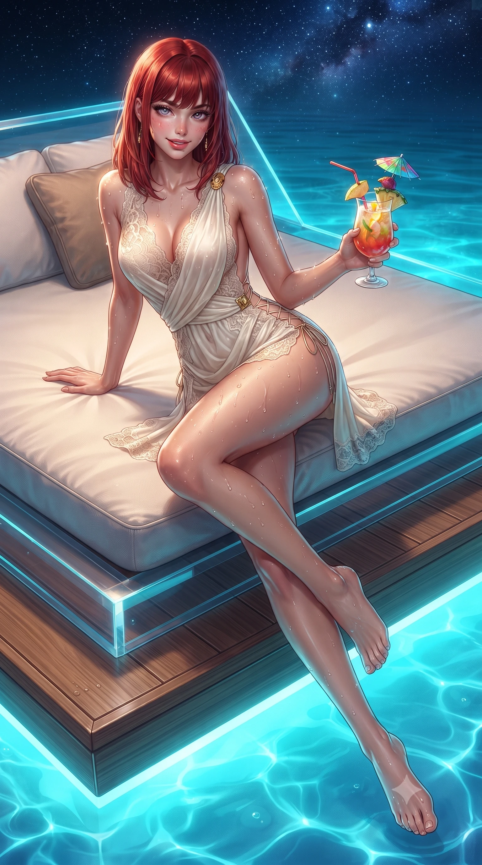 score_9, masterpiece, best quality, ultra-detailed, high-budget anime keyframe, editorial fashion photography, tasteful artistic composition, Caucasian woman. low angle full-body shot from head to toe showing her feet, filling the entire 9:16 vertical frame with her statuesque presence, stretching her vertical silhouette. lounging on the lavish daybed with legs crossed and hips angled toward the camera, displaying her toned midriff and long slender limbs with effortless siren poise while lounging gracefully on the submerged contoured seat with legs extended, holding a tropical cocktail with an irresistible, parted-lip smile. The surrounding environment is rendered in vivid detail and crisp panoramic clarity: sharp transparent acrylic panel bevels, water droplets beading on toned sun-kissed skin, and teak timber decking grain in deep focus. She has an absolutely perfect, statuesque 8.5-heads proportion, an exceptionally tall and slender model-like female figure with impossibly long slender legs, an ultra-slim waist, a flat toned midriff, narrow delicate ribcage, and beautifully sculpted feminine hips creating a graceful, slim hourglass silhouette without any bulky heaviness. sharp v-shaped jawline, high-bridge nose, sparkling eyes with hypnotic seductive depth, thick curled eyelashes, glossy parted lips with a natural dewy peach sheen, alluring bedroom-eyes with an enchanting coquettish smile, exuding magnetic siren charisma and sophisticated glamour, flawlessly proportioned anatomical accuracy, strict slender model proportions, natural body alignment, perfectly sculpted long slender limbs, ultra-slim waistline, clean dynamic posture without body distortion. wearing a draped Greek-goddess style silk chiffon mini toga dress with an open back and golden hip fibula in Austrian royal ivory and champagne lace, woven from buttery-soft stretch lambskin leather adhering to her body like a second skin, featuring fine criss-cross lace-up side ties revealing tantalizing glimpses of her hip curve, the form-contouring silhouette accentuating her sculpted flat midriff, narrow delicate ribcage, and gracefully curvy hips with intoxicating allure. bathed in supernatural glowing neon-cyan light radiating upward from bioluminescent lagoon waters mixed with celestial starlight. ultra-reflective glossy finish, specular highlights, rich textural contrasts, high-contrast stereoscopic depth, volumetric dynamic lighting, 2k, ultra detail, master piece, 9:16 ratio