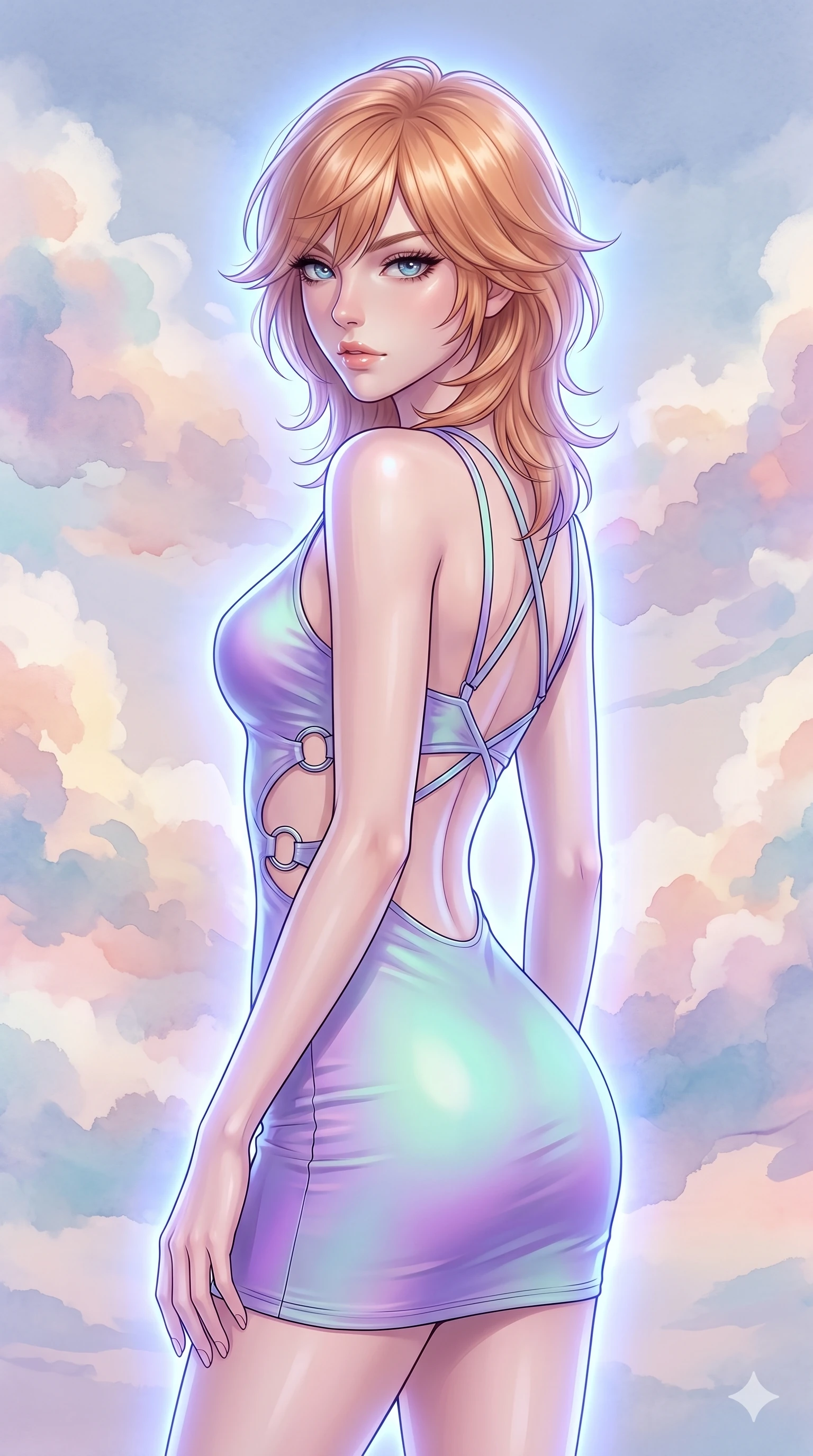 score_9, masterpiece, best quality, ultra-detailed, high-budget anime keyframe, editorial fashion photography, tasteful artistic composition, Korean woman. close-up cowboy shot from the waist and thighs up, the character dominates the composition, filling the frame with her large presence, background elements kept in soft focus. Glancing sidelong over her shoulder with a smoldering half-smile. set against a soft-focus background of floating among enormous clouds that are made of spreading watercolor washes in soft pastel tones each cloud a living painting that bleeds and blooms color into the surrounding atmosphere. She has an exceptionally elegant and slender, willowy female figure with an ultra-slim waist, a gracefully sculpted slender torso, and a refined slim physique. sharp v-shaped jawline, high-bridge nose, intricate jewel-like eyes with depth, thick eyelashes, glossy lips with a natural sheen. wearing a bodycon mini dress in an iridescent violet-to-mint gradient, with a waist cutout framed by chrome ring hardware and a strappy back. cool ethereal blue-violet bioluminescent glow wrapping around her from all sides. 2k, ultra detail, master piece, 9:16 ratio