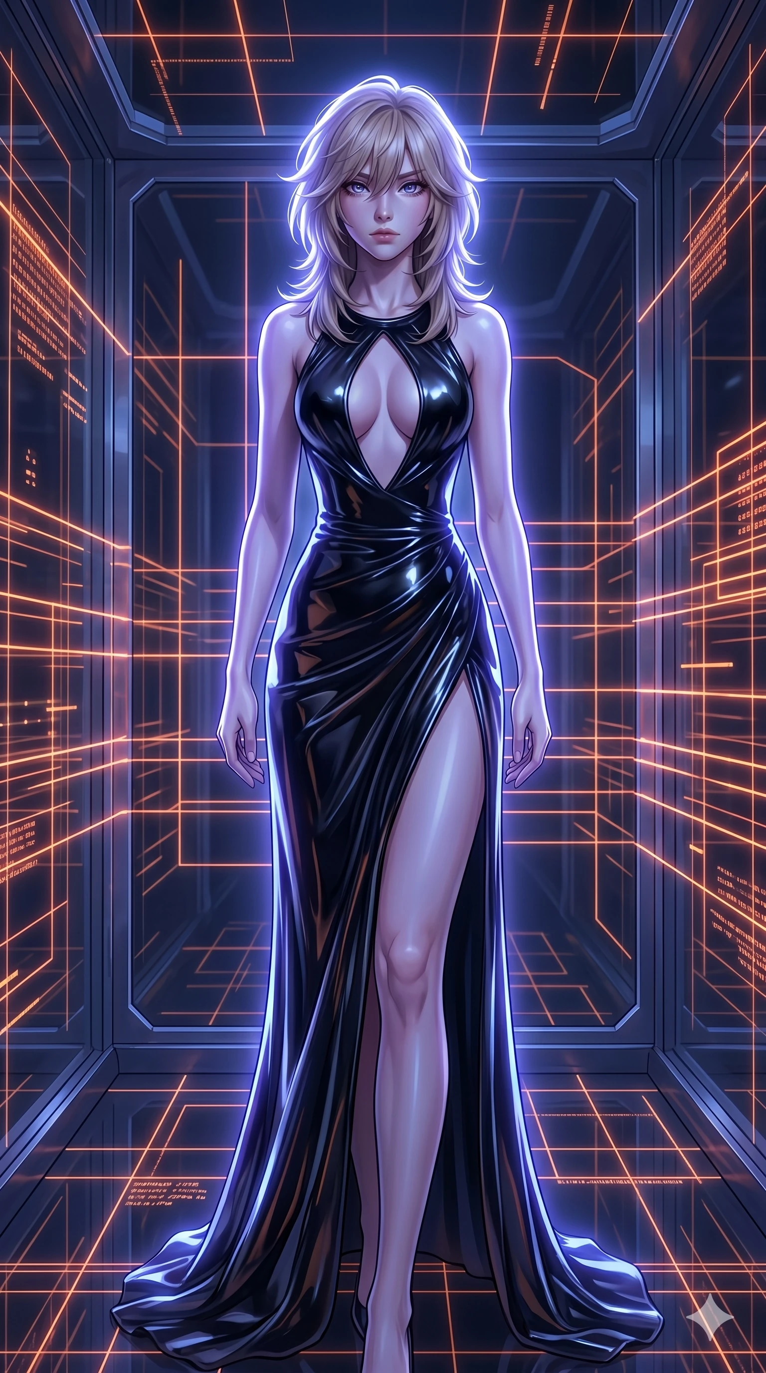 score_9, masterpiece, best quality, ultra-detailed, high-budget anime keyframe, editorial fashion photography, tasteful artistic composition, Japanese woman. cowboy shot from the thighs up, character and outfit filling the frame for maximum editorial presence. Leaning slightly forward toward the viewer, her gaze intense and capturing attention inside a holographic simulation chamber displaying a shifting grid of neon orange lines. She has an absolutely perfect 8-heads proportion, an exceptionally tall and slender female figure with impossibly long slender legs and an ultra-slim waist. V-shaped jawline, high-bridge nose, intricate jewel-like eyes with depth, thick eyelashes, glossy lips with a natural sheen. wearing a floor-length gown in liquid obsidian fabric featuring a high slit and a bold keyhole cutout at the chest. bathed in a cool, ethereal blue-violet bioluminescent glow that highlights her form from all sides. 2k, ultra detail, master piece, 9:16 ratio