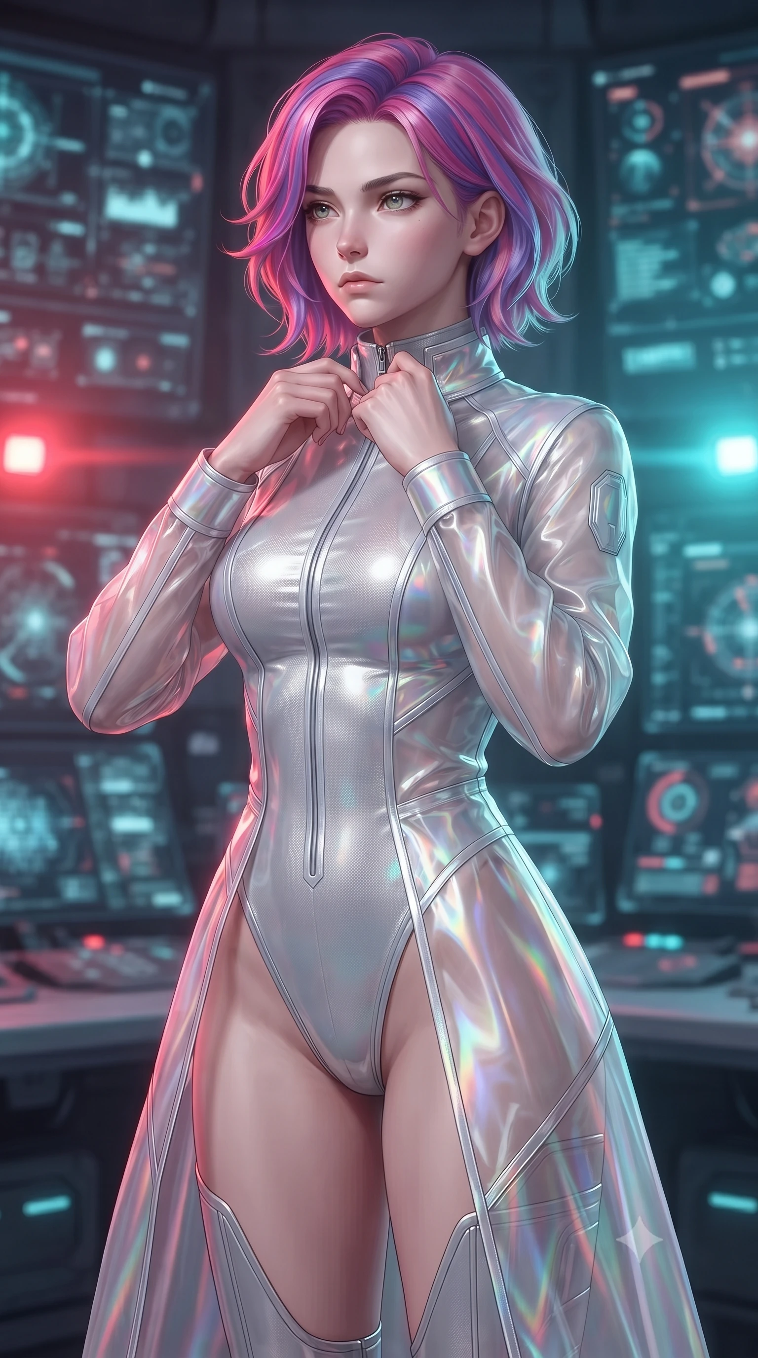 score_9, masterpiece, best quality, ultra-detailed, high-budget anime keyframe, editorial fashion photography, tasteful artistic composition, Caucasian woman. close-up cowboy shot from the waist and thighs up, the character dominates the composition, filling the frame with her large presence, background elements kept in soft focus. adjusting the high collar of her body-hugging suit, looking past the camera with quiet, sharp focus and a composed expression, the background shows a soft-focus a communications bay filled with glowing data-shards and signal antennas. She has an exceptionally elegant, slender, and willowy female figure with an ultra-slim waist, a gracefully sculpted slender torso, and a refined silhouette. sharp v-shaped jawline, high-bridge nose, intricate jewel-like eyes with depth, thick eyelashes, glossy lips with a natural sheen. wearing a tailored sheer white holographic organza combat gown worn over a high-cut carbon-fiber leotard. pulsing red and cyan beacon lights casting subtle, colorful highlights on her profile. ultra-reflective glossy finish, specular highlights, metallic sheen, high-contrast stereoscopic depth, volumetric dynamic lighting, 2k, ultra detail, master piece, 9:16 ratio