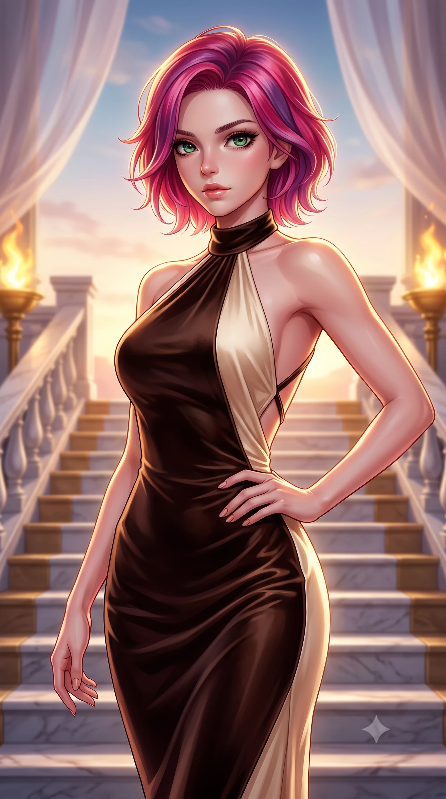 score_9, masterpiece, best quality, ultra-detailed, high-budget anime keyframe, editorial fashion photography, tasteful artistic composition, Caucasian woman. close-up cowboy shot from the waist and thighs up, the character dominates the composition, filling the frame with her large presence, background elements kept in soft focus. Holding a powerful dynamic pose with one hand on her hip and body angled dramatically toward the key light while descending a grand marble staircase flanked by golden torch flames at sunset, translucent silk curtains drifting lazily in a high-altitude sky breeze. She has an exceptionally elegant, slender, and willowy female figure with an ultra-slim waist, a gracefully sculpted slender torso, and a refined silhouette. sharp v-shaped jawline, high-bridge nose, intricate jewel-like eyes with depth, thick eyelashes, glossy lips with a natural sheen, flawlessly proportioned anatomical accuracy, natural body alignment, perfectly sculpted elegant limbs, clean dynamic posture without body distortion. wearing a velvet halter-neck midi dress following her form like a glove in espresso brown and warm cream, crafted from smooth liquid silk, complemented by criss-cross back straps highlighting her bare shoulders, the tailored fabric tightly following every curve of her athletic build. illuminated by soft glowing sunset radiance with dramatic golden rim highlights. highly saturated vibrant anime colors, detailed shading with soft gradients, rich glossy textures, high-contrast stereoscopic depth, volumetric dynamic lighting, master piece, 9:16 ratio