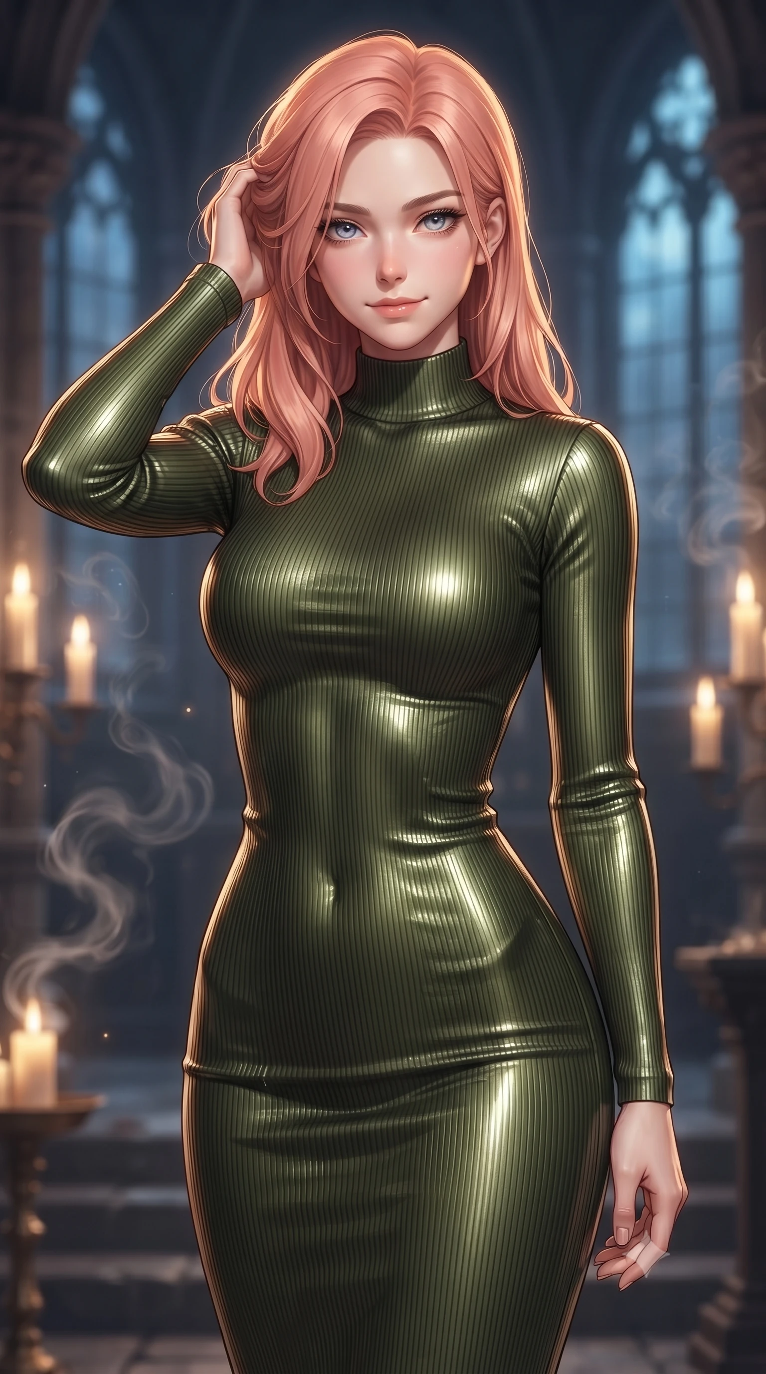 score_9, masterpiece, best quality, ultra-detailed, high-budget anime keyframe, editorial fashion photography, tasteful artistic composition, Japanese woman. close-up cowboy shot from the waist and thighs up, the character dominates the composition, filling the frame with her large presence, background elements kept in soft focus. slowly running a hand through her hair, smiling with quiet, magnetic self-assurance directly into the camera, the background shows a soft-focus a gothic sanctuary hall with floating brass candles and incense steam. She has an exceptionally elegant, slender, and willowy female figure with an ultra-slim waist, a gracefully sculpted slender torso, and a refined silhouette. sharp v-shaped jawline, high-bridge nose, intricate jewel-like eyes with depth, thick eyelashes, glossy lips with a natural sheen. wearing a form-contouring body-hugging ribbed carbon-fiber knit bodycon midi dress in olive green, featuring a snug mock-neck. warm candlelight clashing with the cold deep space blue void outside. ultra-reflective glossy finish, specular highlights, metallic sheen, high-contrast stereoscopic depth, volumetric dynamic lighting, 2k, ultra detail, master piece, 9:16 ratio
