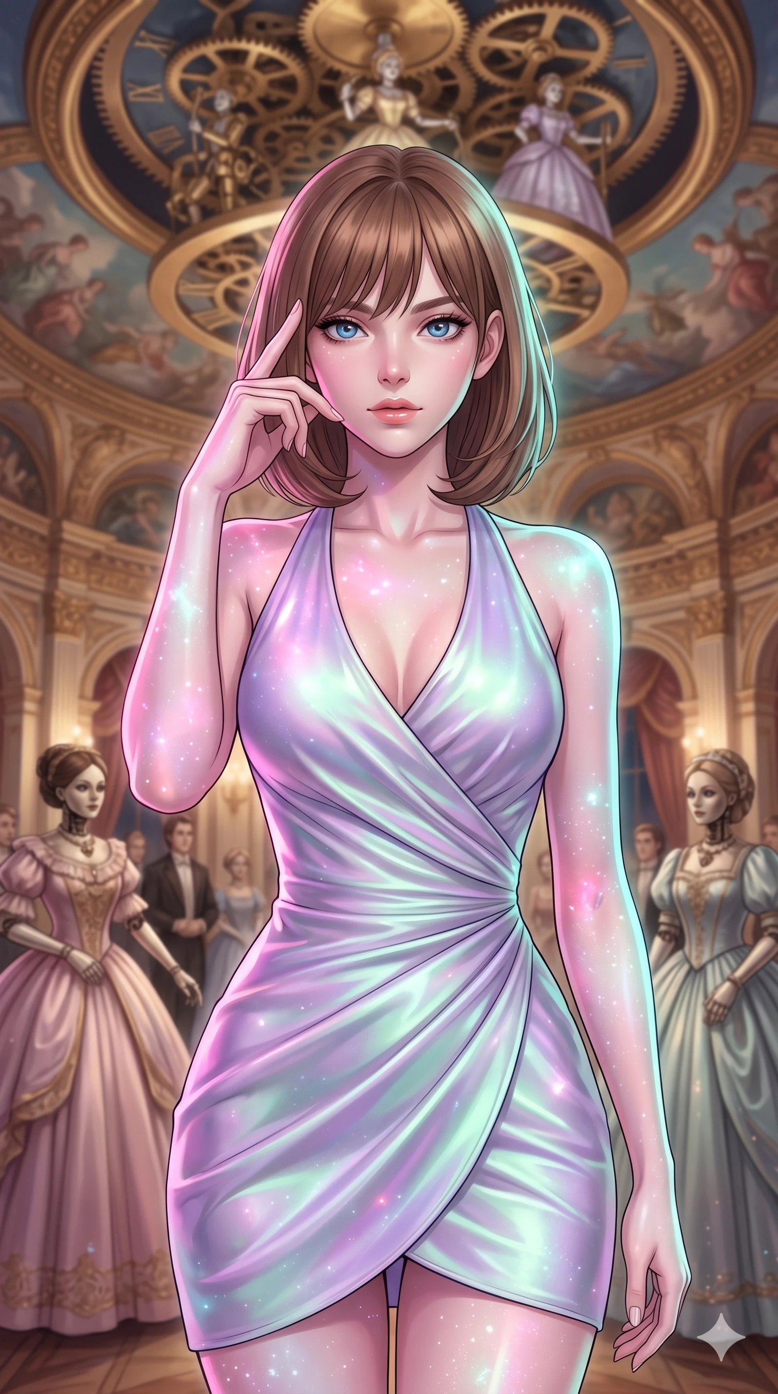 score_9, masterpiece, best quality, ultra-detailed, high-budget anime keyframe, editorial fashion photography, tasteful artistic composition, Caucasian woman, strictly human ears. close-up cowboy shot from the waist and thighs up, the character dominates the composition, filling the frame with her large presence, background elements kept in soft focus. Pressing two fingers to her temple in a composed thoughtful gesture. set against a soft-focus background of an ornate Victorian ballroom populated by elegant life-sized clockwork automatons in ball gowns with a massive gilded music box mechanism rotating slowly in the frescoed ceiling above. She has an exceptionally elegant and slender, willowy female figure with an ultra-slim waist, a gracefully sculpted slender torso, and a refined slim physique. sharp v-shaped jawline, high-bridge nose, intricate jewel-like eyes with depth, thick eyelashes, glossy lips with a natural sheen. wearing a luminous satin wrap dress in a shifting holographic lavender-to-mint-green hue, draping and clinging to her slender waist with elegant precision. starlight and nebula glow casting soft cosmic pink and cyan highlights on her form. 2k, ultra detail, master piece, 9:16 ratio