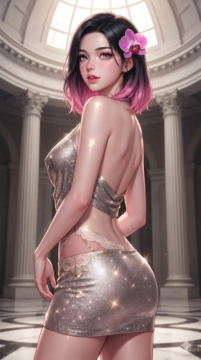 Korean woman. posing in an alluring rear three-quarter angle, looking over a bare shoulder with parted glossy lips, her hips cocked back to highlight her slim hourglass curve while twisting her slender torso in an alluring contrapposto stance, dramatic skylight rays carving specular highlights along her flat midriff. The surrounding environment...