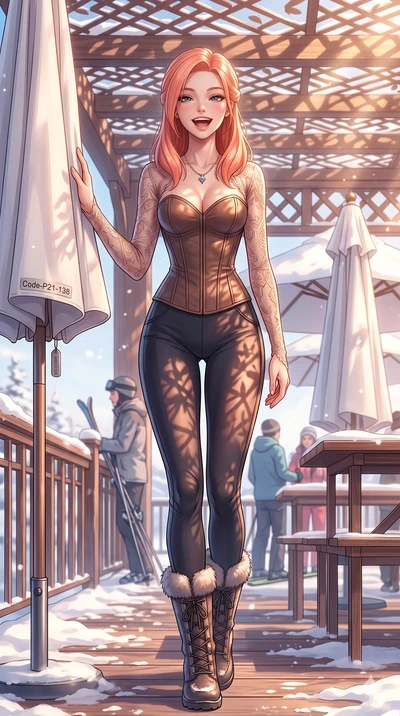 score_9, masterpiece, best quality, ultra-detailed, high-budget anime keyframe, vibrant anime aesthetic, Japanese woman. cowboy shot from the thighs up, character and outfit filling the frame for maximum presence. She is posing with a delightful wint