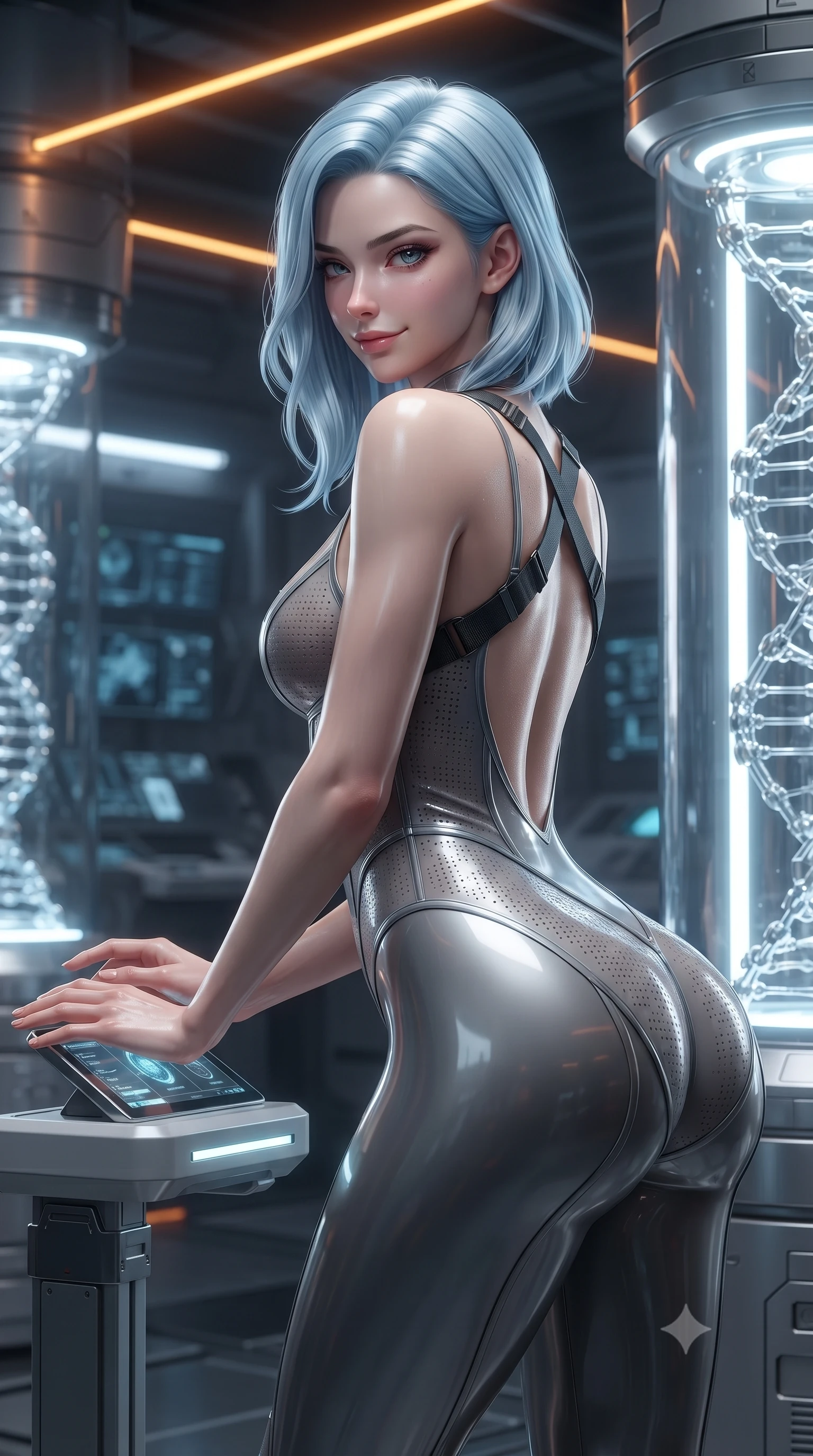 score_9, masterpiece, best quality, ultra-detailed, high-budget anime keyframe, editorial fashion photography, tasteful artistic composition, Korean woman. close-up cowboy shot from the waist and thighs up, the character dominates the composition, filling the frame with her large presence. resting both hands lightly on the holoscreen pedestal while leaning toward the lens with a teasing smirk, her tight combat suit hugging her narrow waist and feminine hip curve while leaning against an illuminated molecular assembler column with hips cocked back, looking over her shoulder with an alluring, dangerous gaze. The surrounding environment is rendered in vivid detail and crisp panoramic clarity: detailed carbon-plated suit weave, chrome specular reflections on skin, and futuristic nanotechnology laboratory in razor-sharp precision. She has an exceptionally elegant, slender, and willowy female figure with an ultra-slim waist, flat toned midriff, narrow ribcage, and sculpted feminine hips creating an alluring, slim hourglass silhouette without bulk. sharp v-shaped jawline, high-bridge nose, intricate jewel-like sparkling eyes with depth, thick eyelashes, glossy parted lips with a natural sheen, bright confident smile with an enchanting and coquettish sensual glint, exuding both youthful magnetic charm and sovereign high-tech allure, flawlessly proportioned anatomical accuracy, strict slender model proportions, natural body alignment, perfectly sculpted long slender limbs, ultra-slim waistline, clean dynamic posture without body distortion. wearing a sheer technical lace and carbon composite bodysuit with architectural cup boning and open back in reflective liquid mercury and matte phantom grey, made of high-grade ballistic nylon with precision laser-cut perforations, finished with criss-cross Kevlar tactical straps tracing her graceful shoulder blades, the form-contouring cut accentuating her sculpted flat midriff, narrow delicate ribcage, and gracefully curvy hips with cybernetic supermodel precision. illuminated by overhead amber laser guides and sharp chrome rim lights sculpting her razor-sharp jawline, narrow waist, and curvy hips. ultra-reflective glossy finish, specular highlights, rich textural contrasts, high-contrast stereoscopic depth, volumetric dynamic lighting, 2k, ultra detail, master piece, 9:16 ratio